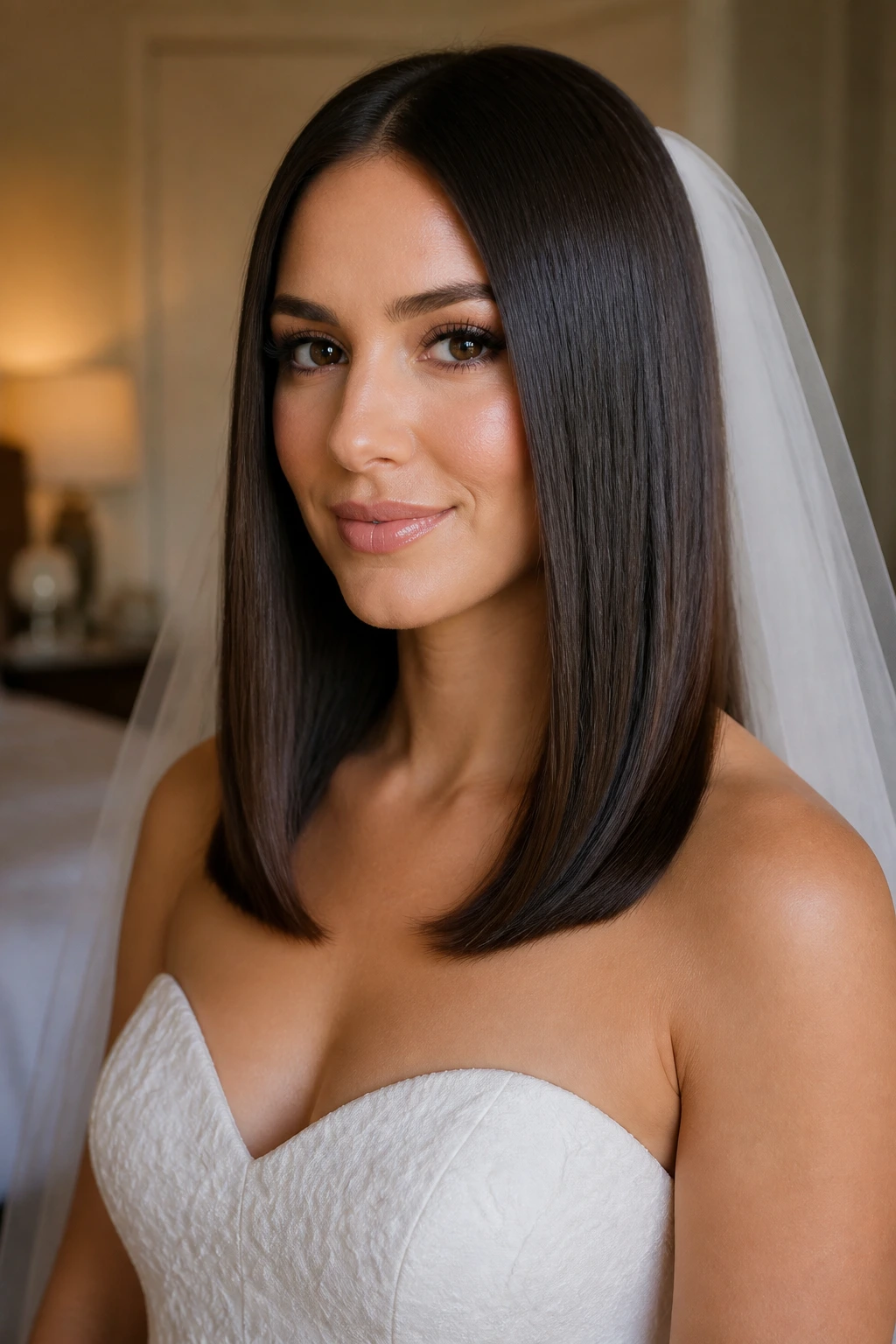 Bride with sleek one-length midi cut close-up