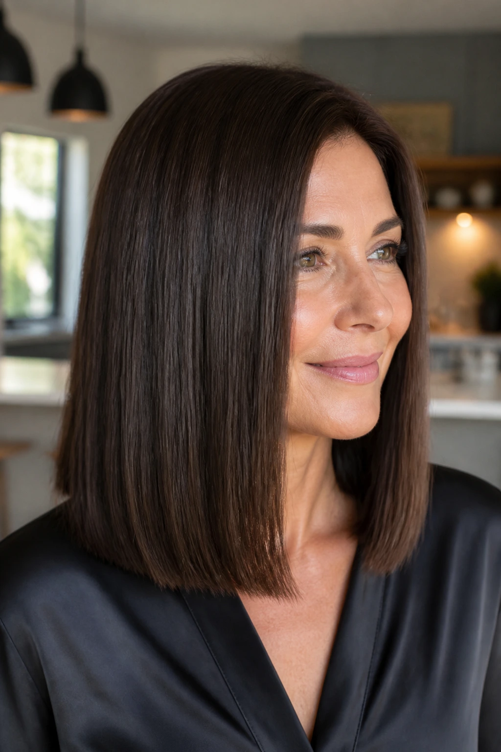 Close-up of a real woman with a sleek, glossy mid-length one-length hairstyle.