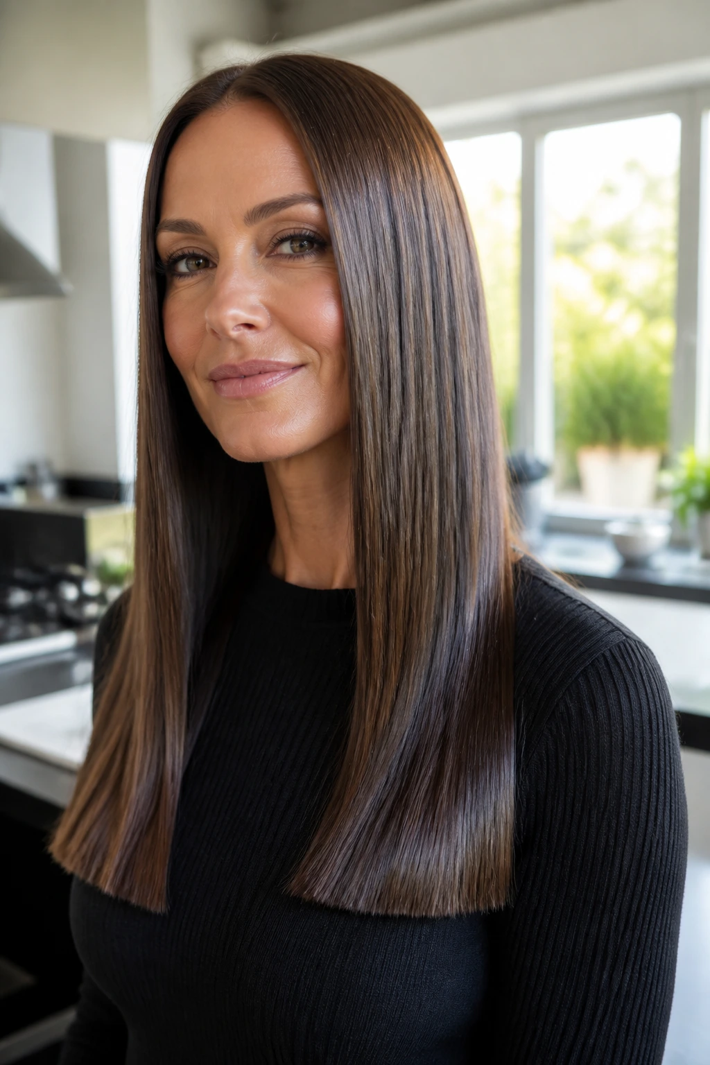 Real portrait of a woman with sleek blunt one-length hair in a modern kitchen
