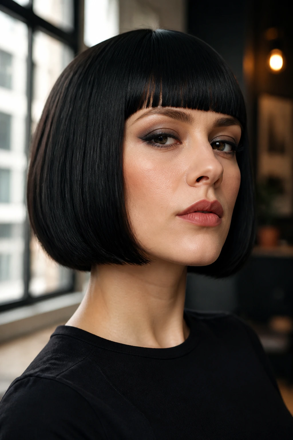 Portrait of a person with a sleek pageboy and blunt bangs in a stylish interior