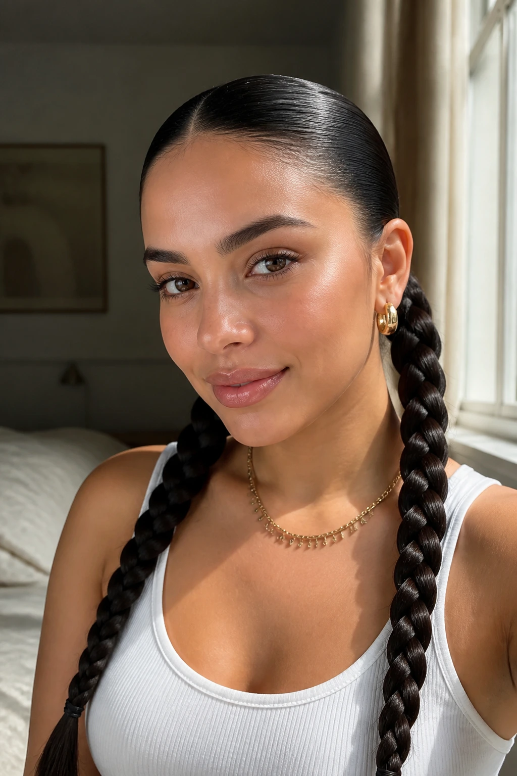 Close-up portrait of a real woman with symmetrical sleek pigtail braids at the nape