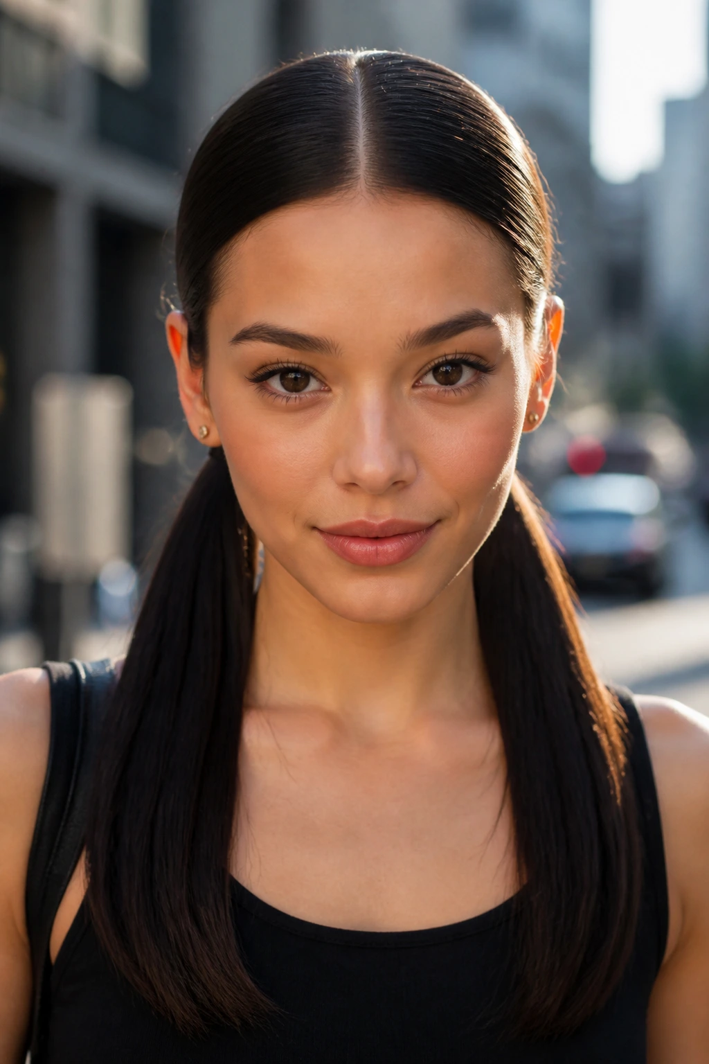 Close-up of a real woman with symmetrical low pigtails