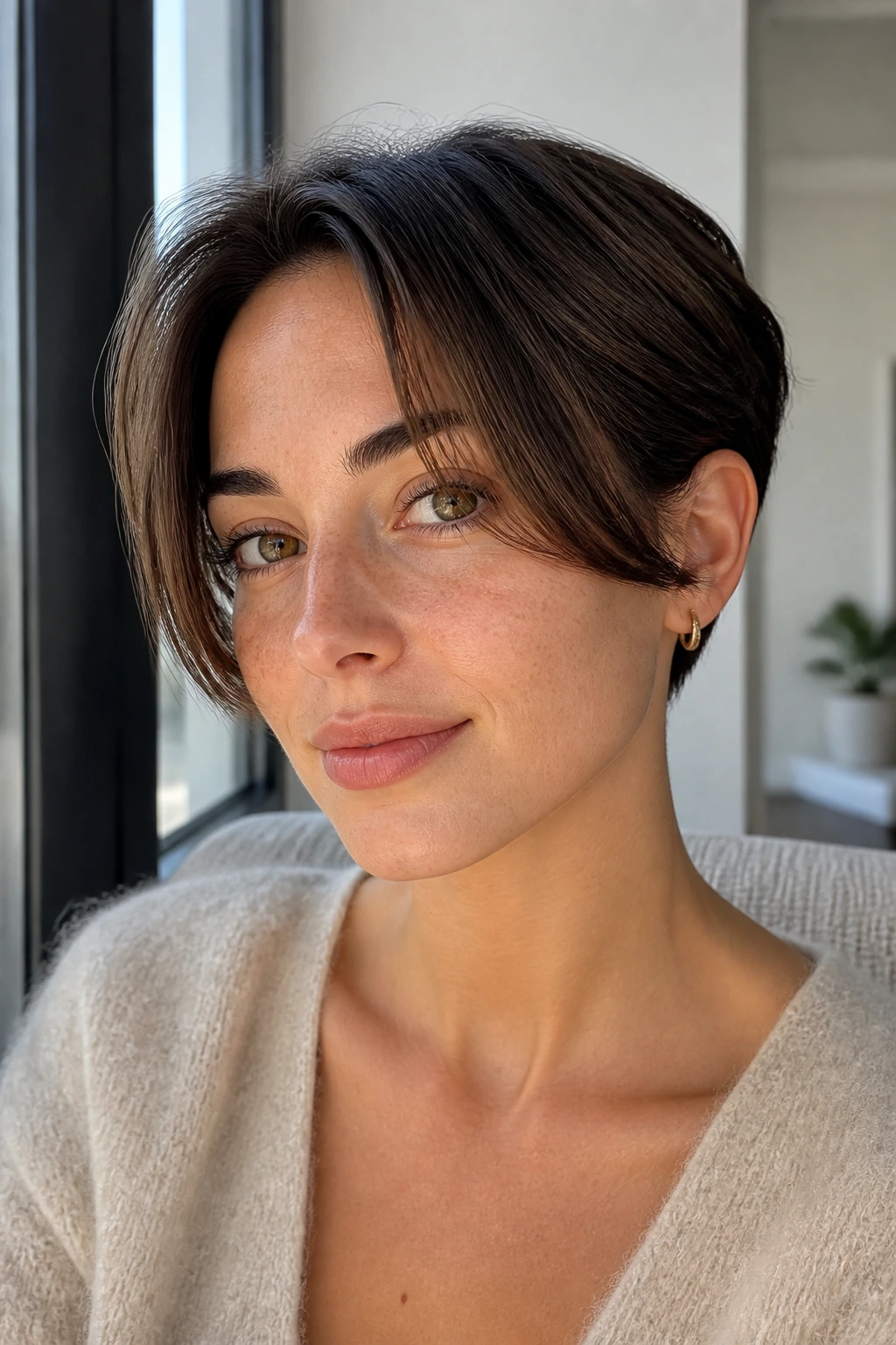 Close-up of a real person with a sleeker pixie and longer front pieces by a window
