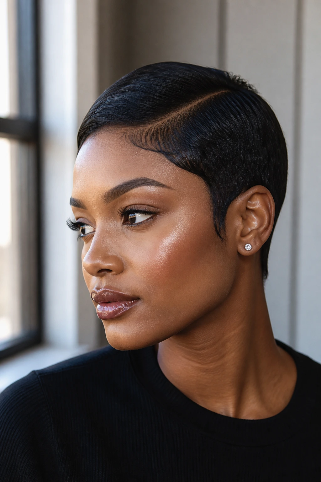 Portrait of a woman with sleek relaxed pixie and sharp side part.