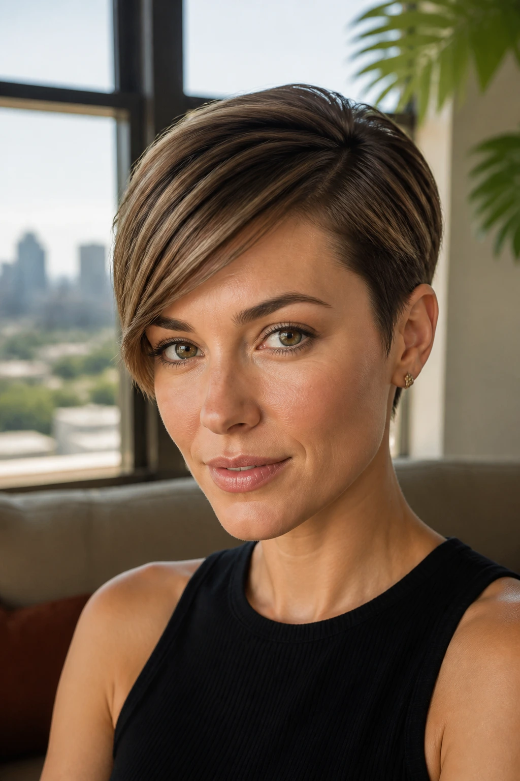 Close-up portrait of a real woman with a sleek side-part pixie hairstyle, top swept and sides neat