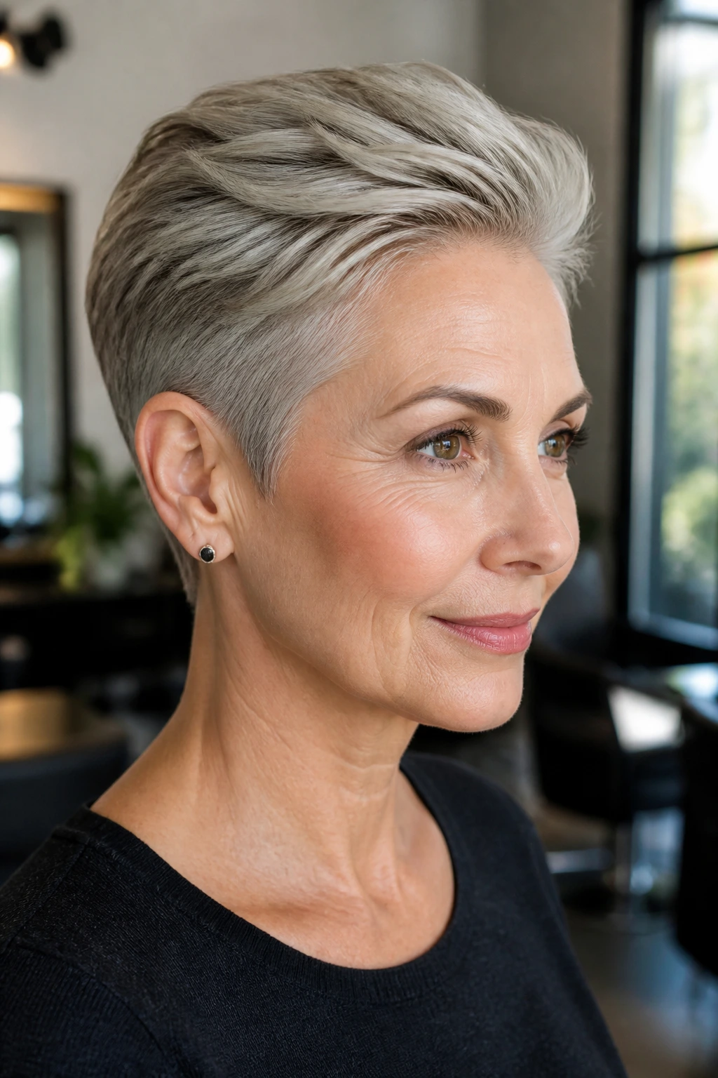 Close-up portrait of a woman with a swept-back sleek pixie hairstyle