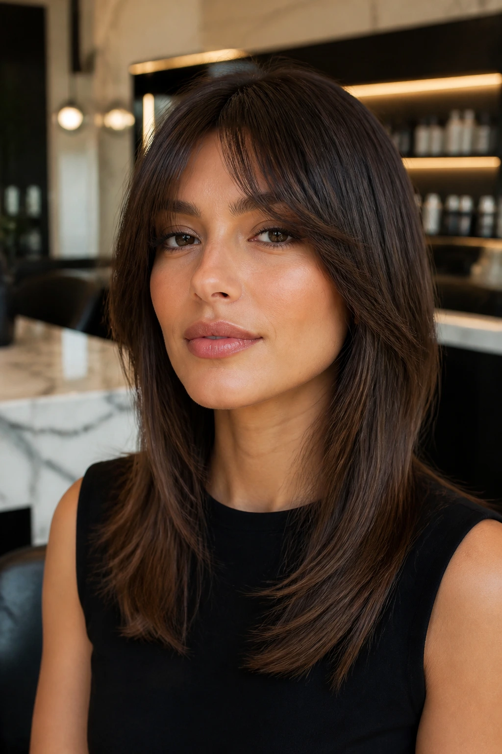 Close-up of a real person with sleek polished shag and glossy straight hair