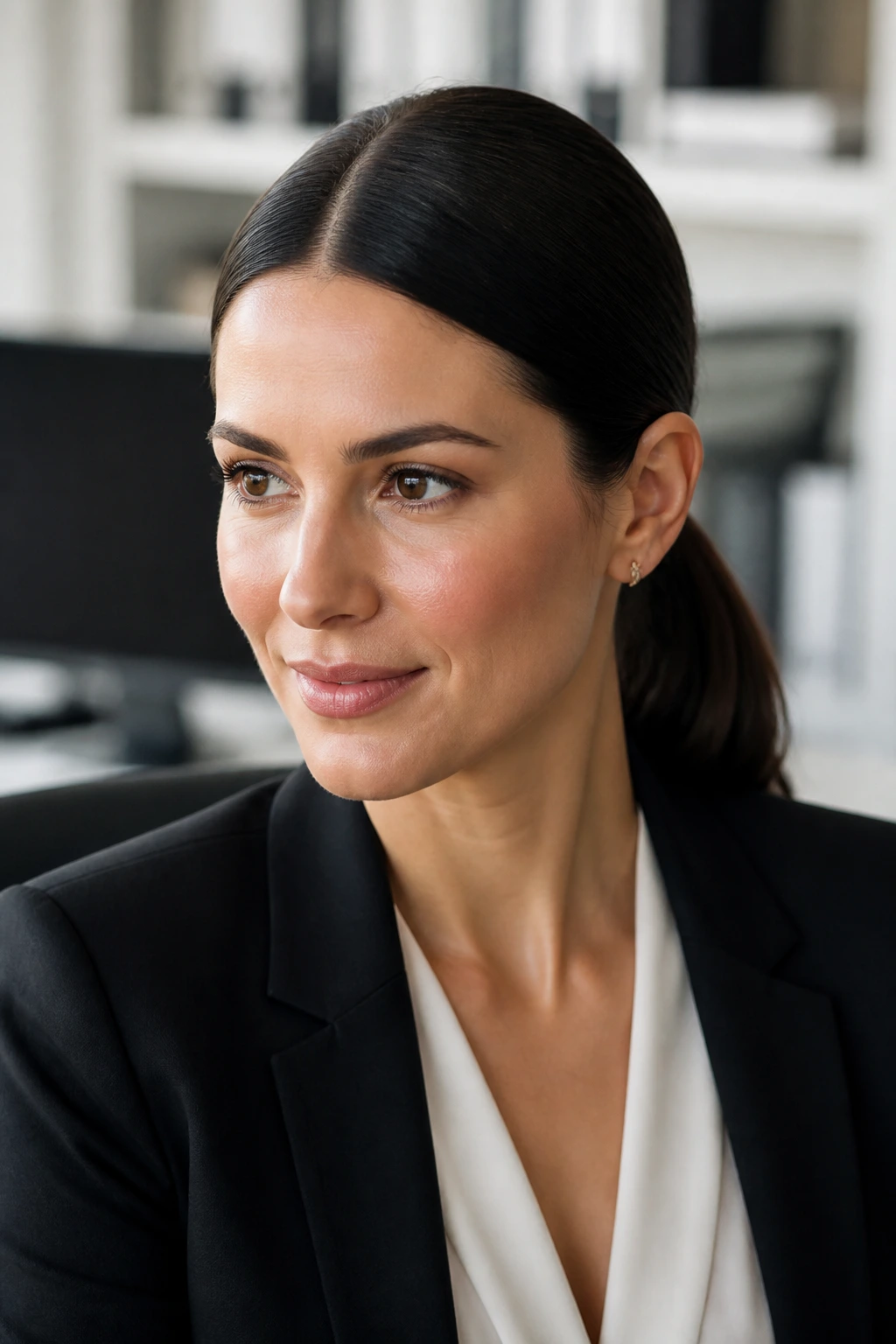 Portrait of a woman with a sleek center-part low ponytail in an office