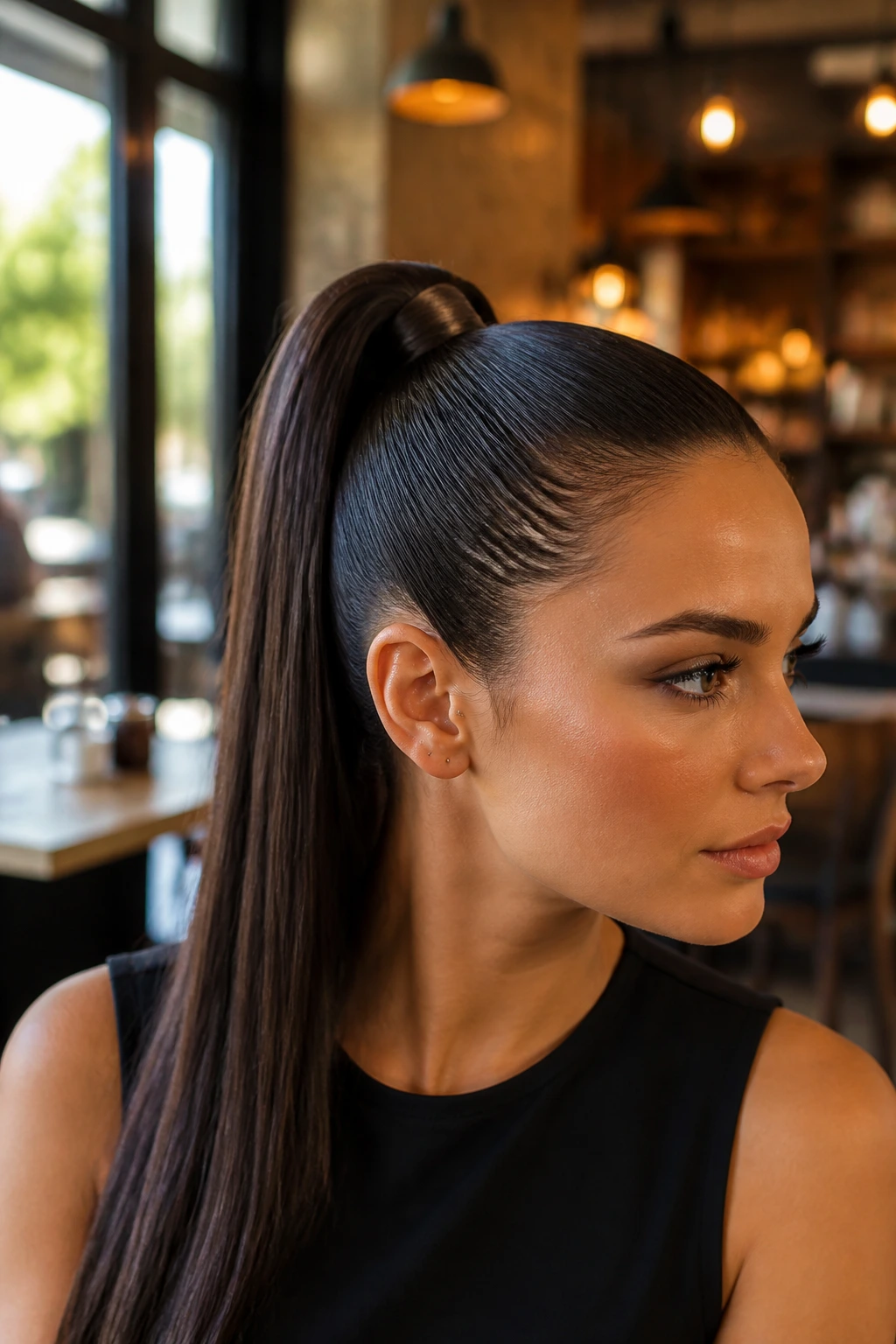 Close-up portrait of a woman with a sleek high ponytail at the crown