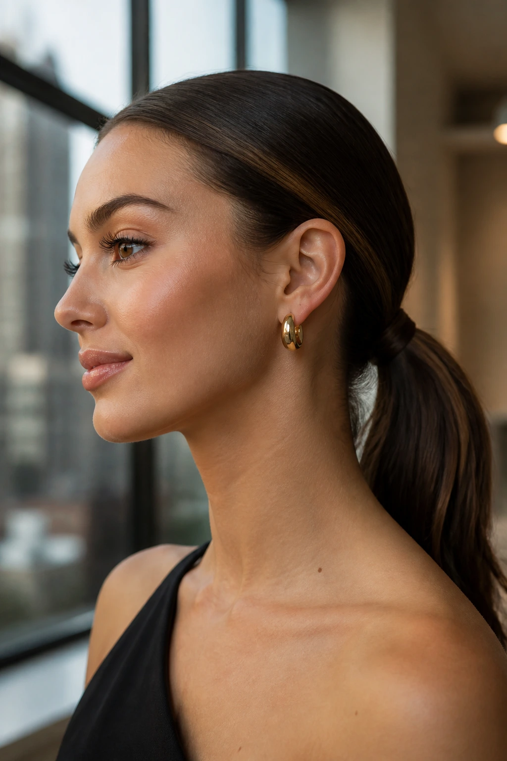 Close-up portrait of a woman with a sleek ponytail at the nape
