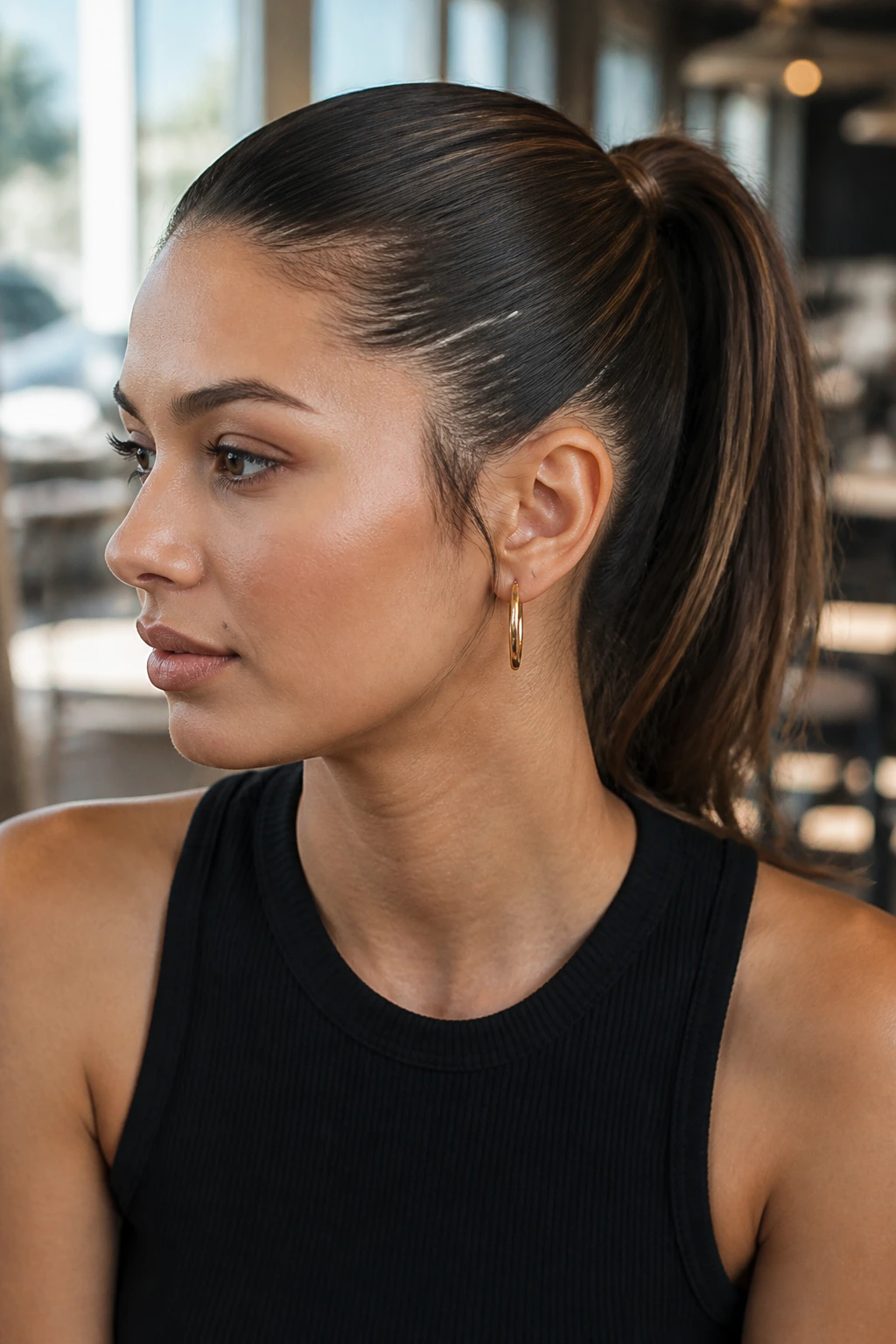 Real woman with sleek ponytail showing how layers are directed into a clean tail