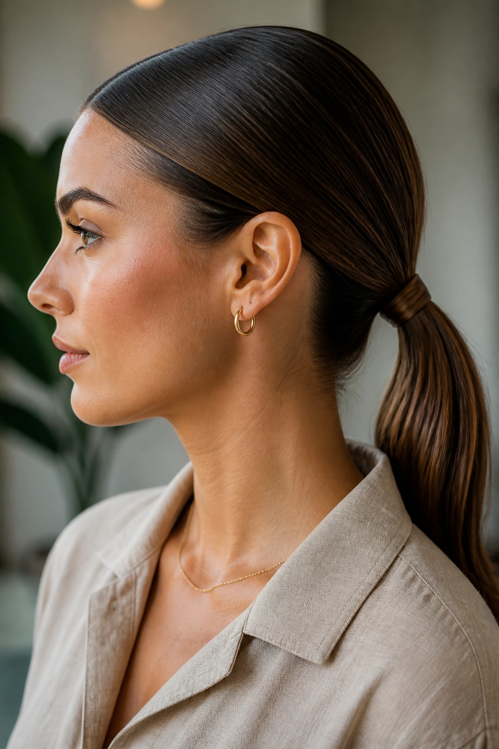 Real woman with a sleek low ponytail shown in side view with wrapped elastic