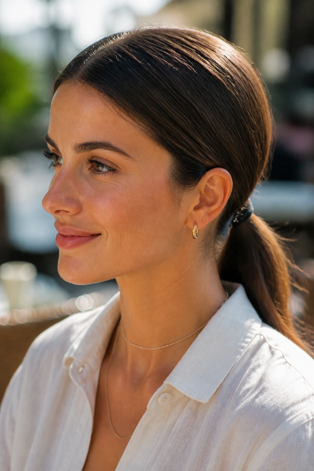 Close-up of a person with a sleek low ponytail in bright daylight