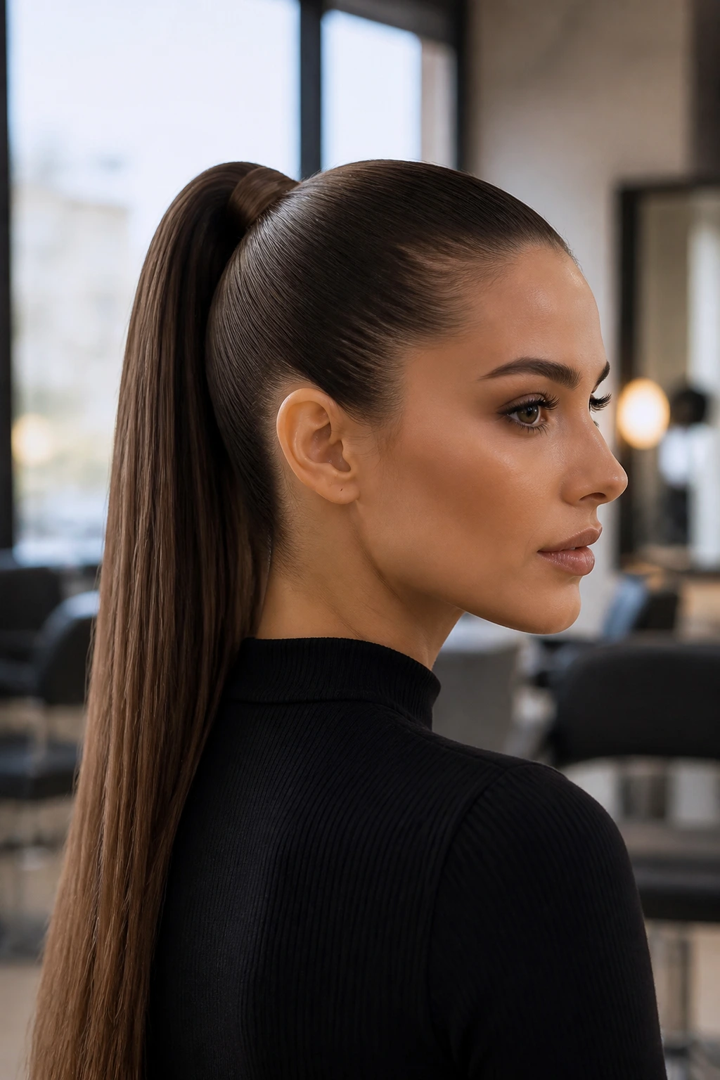 Close-up of a real woman with a sleek high ponytail at the crown in a softly lit salon