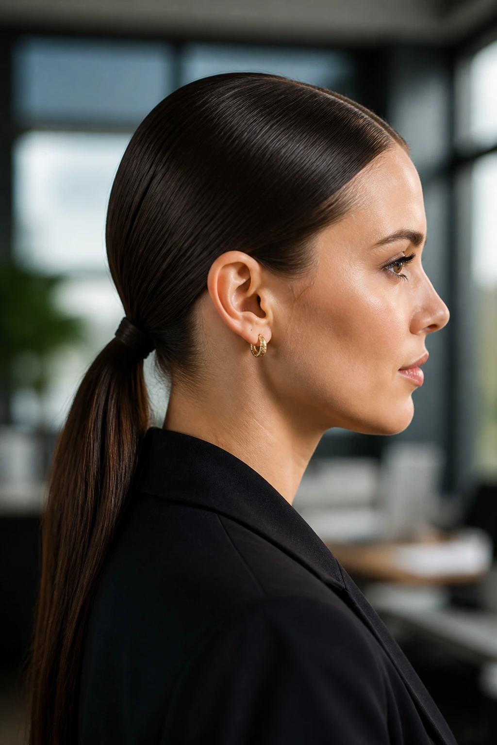 Side-profile showing a sleek low ponytail and its effect
