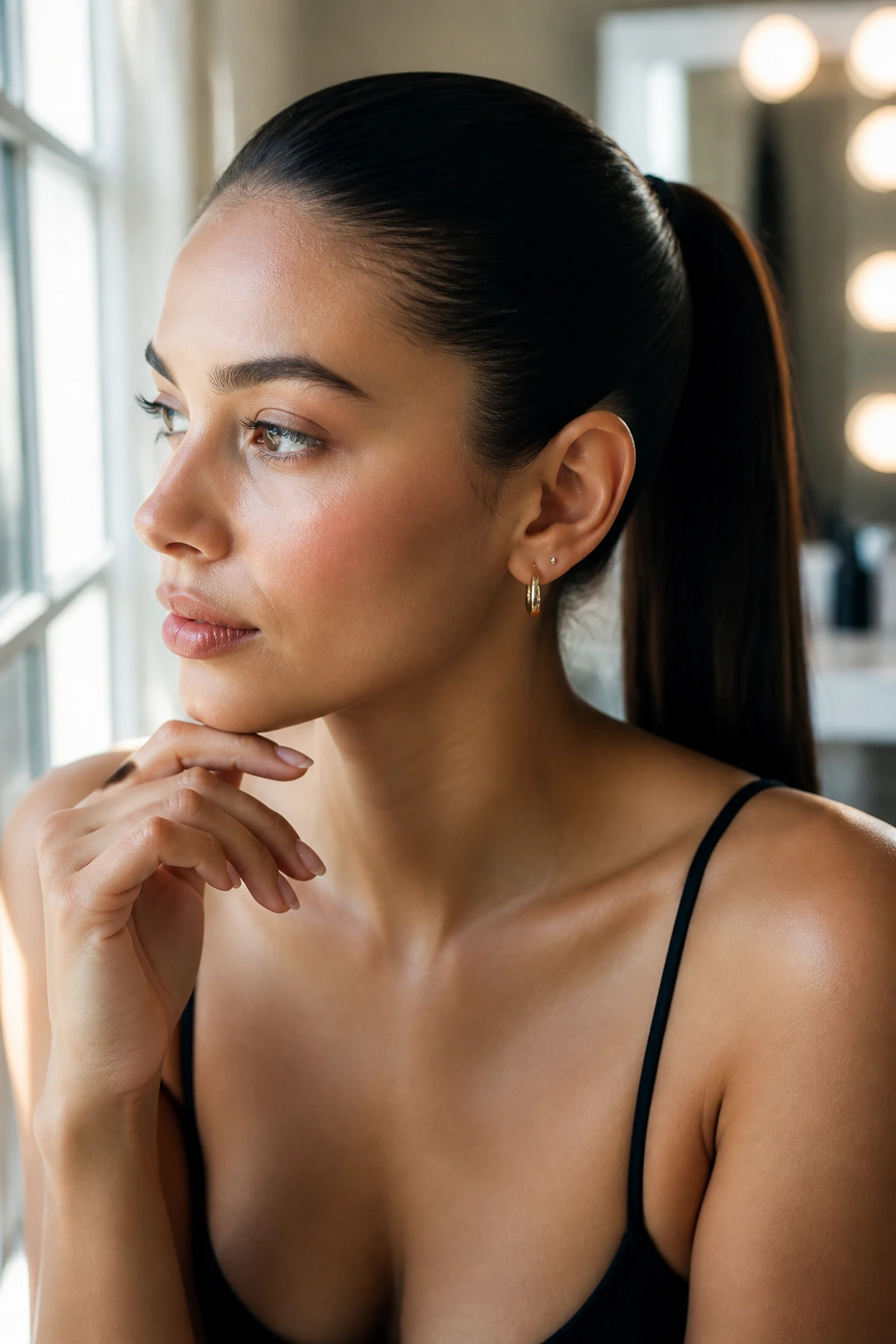 Portrait of a woman with a sleek ponytail in a dressing room, thoughtful pose.