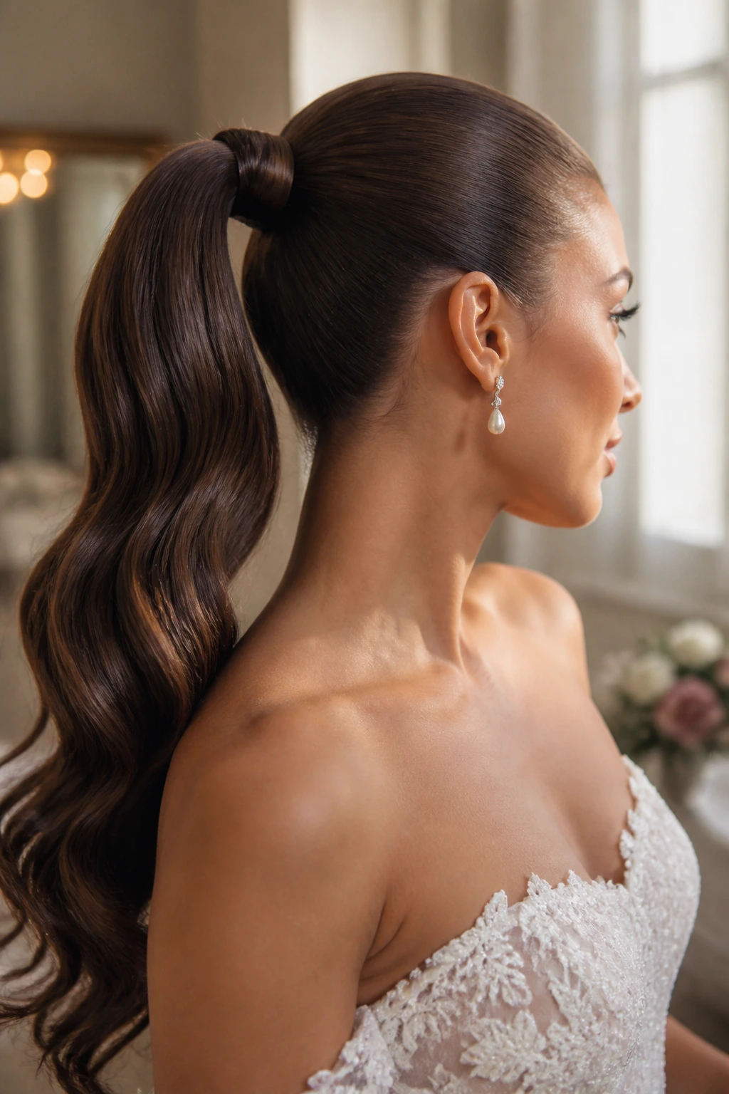 Close-up portrait of a real bride showcasing a sleek high ponytail with wrapped base under warm window light