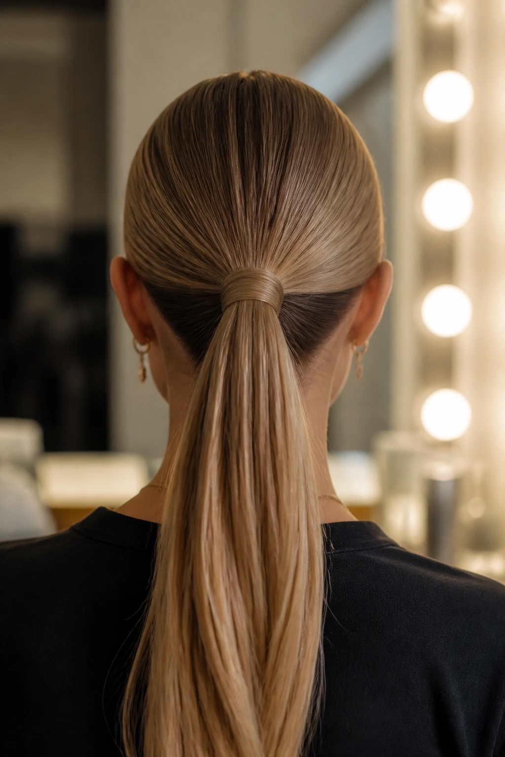 Back view of real woman with sleek ponytail and wrapped strand
