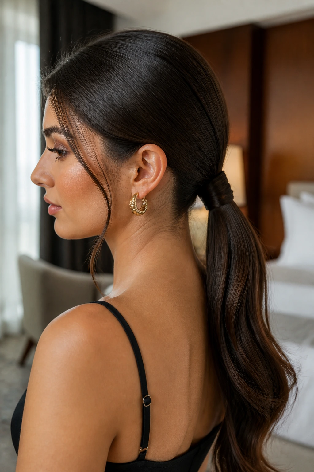 Close-up portrait of a real woman wearing a Sleek Low Ponytail With a Wrapped Base with wrapped elastic at the nape, warm window light.