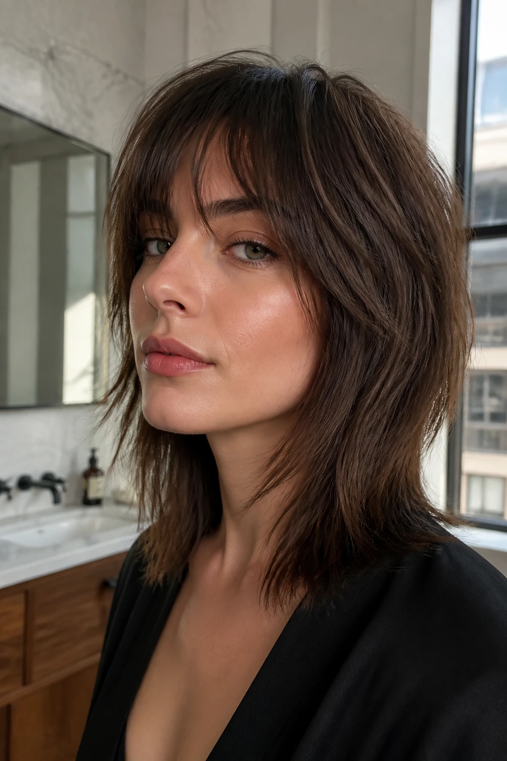 Close-up portrait of a real person with sleek razor shag, razor-soft ends and a gentle bend