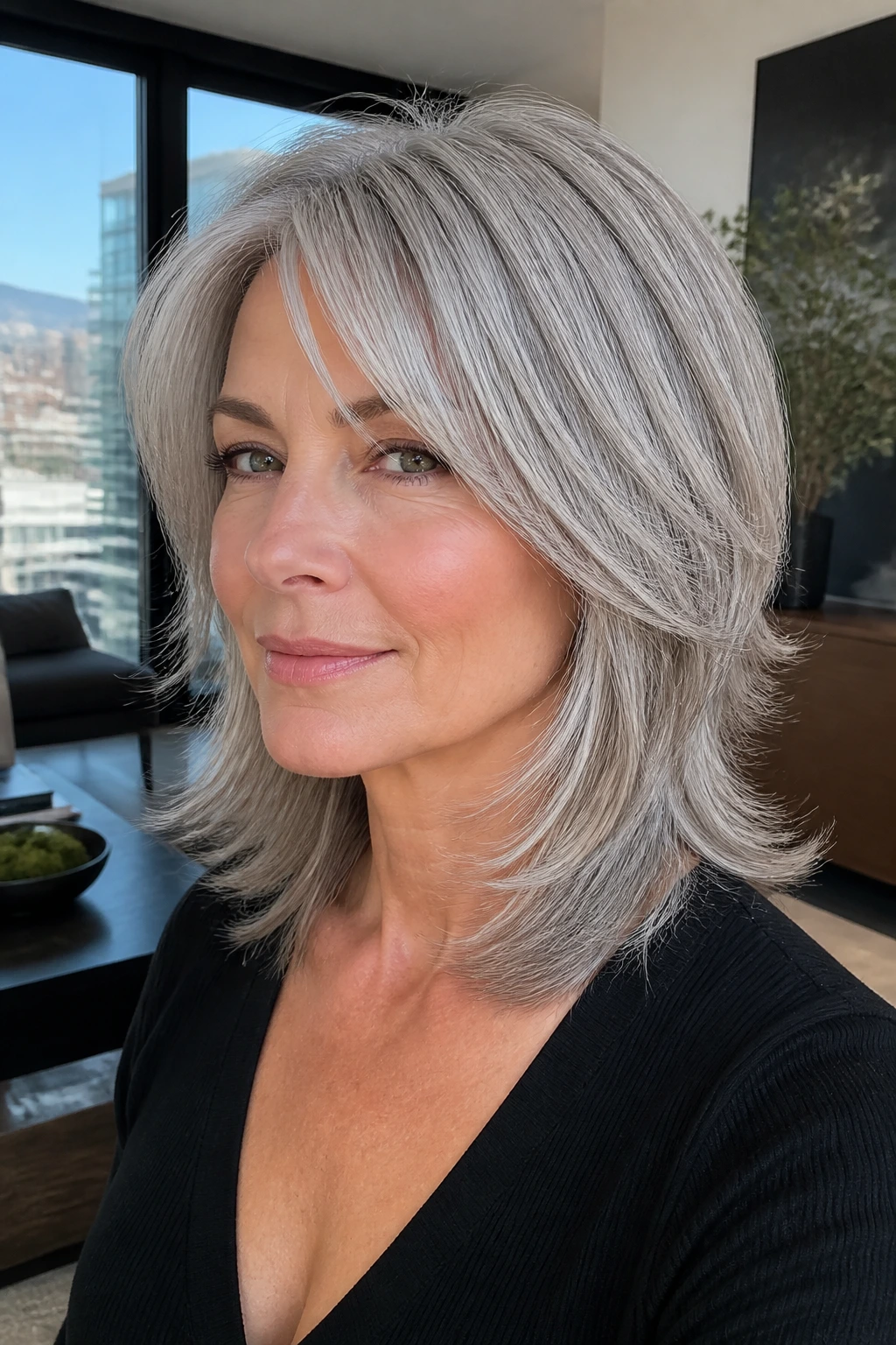 Close-up of a real woman with a sleek rocker shag and subtle flip in a bright room