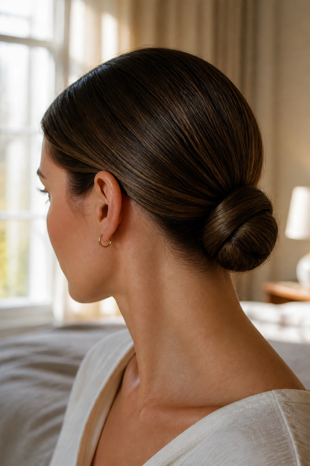 Close-up of a woman with a sleek rolled bun at the nape