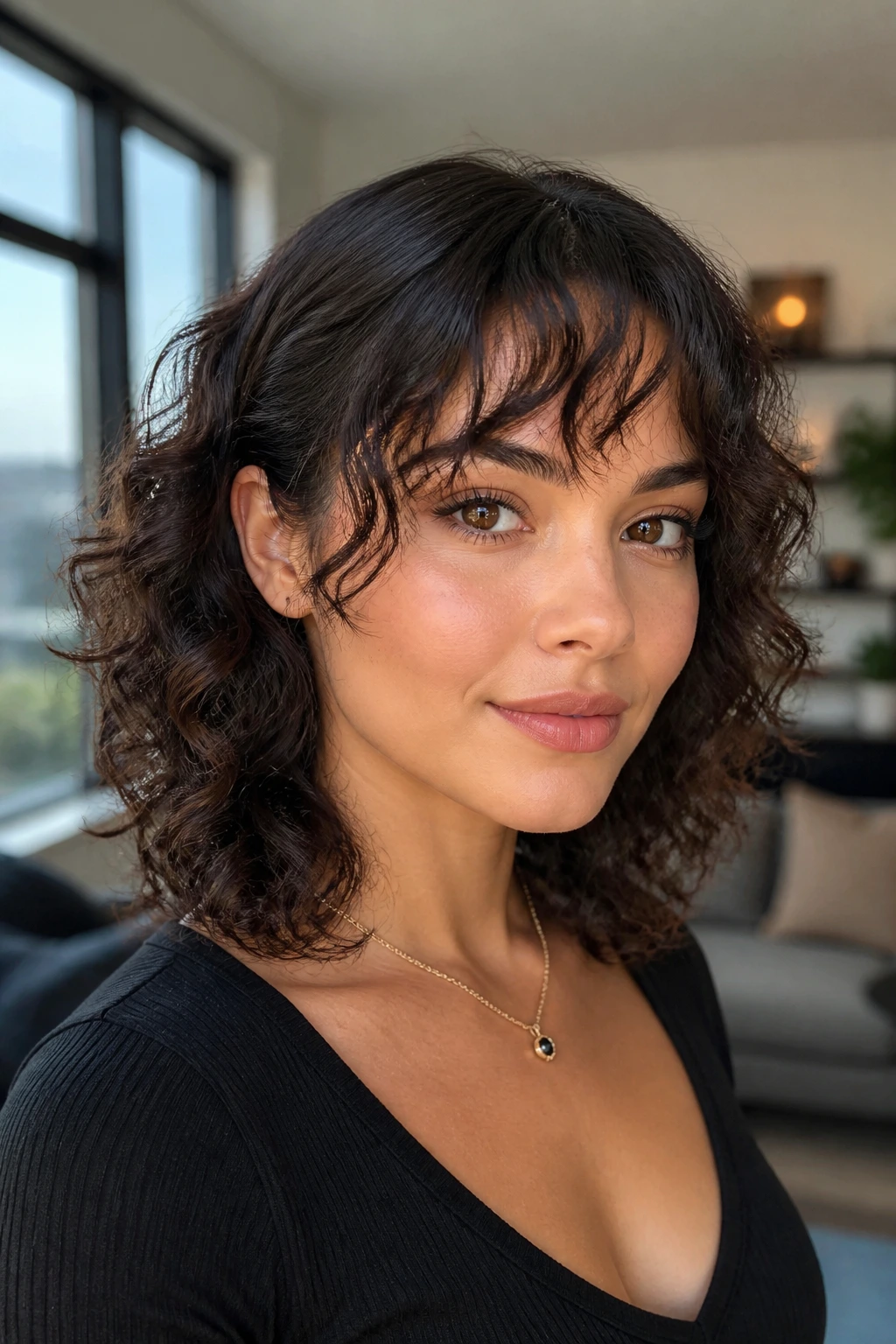 Close-up of a woman with sleek-at-the-root curly cut and loose bangs in a modern living room