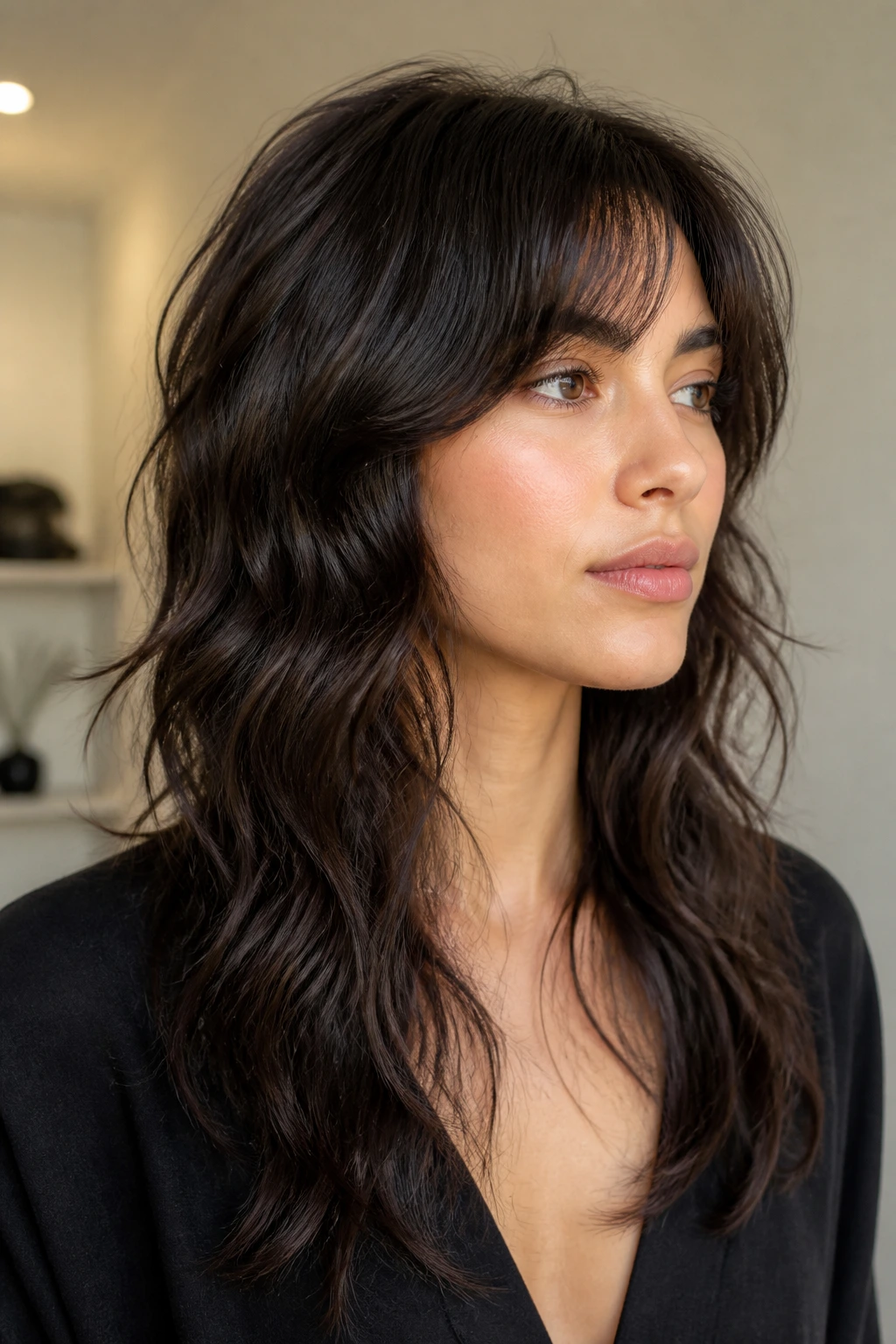 Real person with Sleek-Root Wolf hairstyle in a neutral indoor setting.