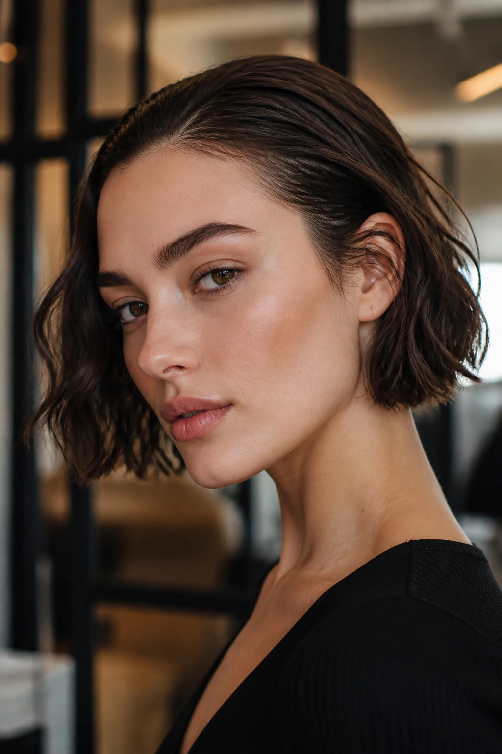 Real woman with sleek roots and textured ends in a short wavy bob