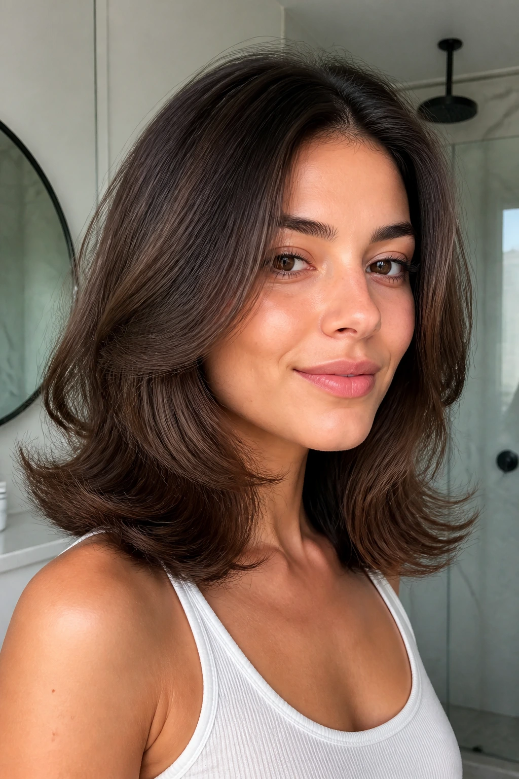 Close-up of a real woman with sleek roots and bouncy mid-lengths blowout