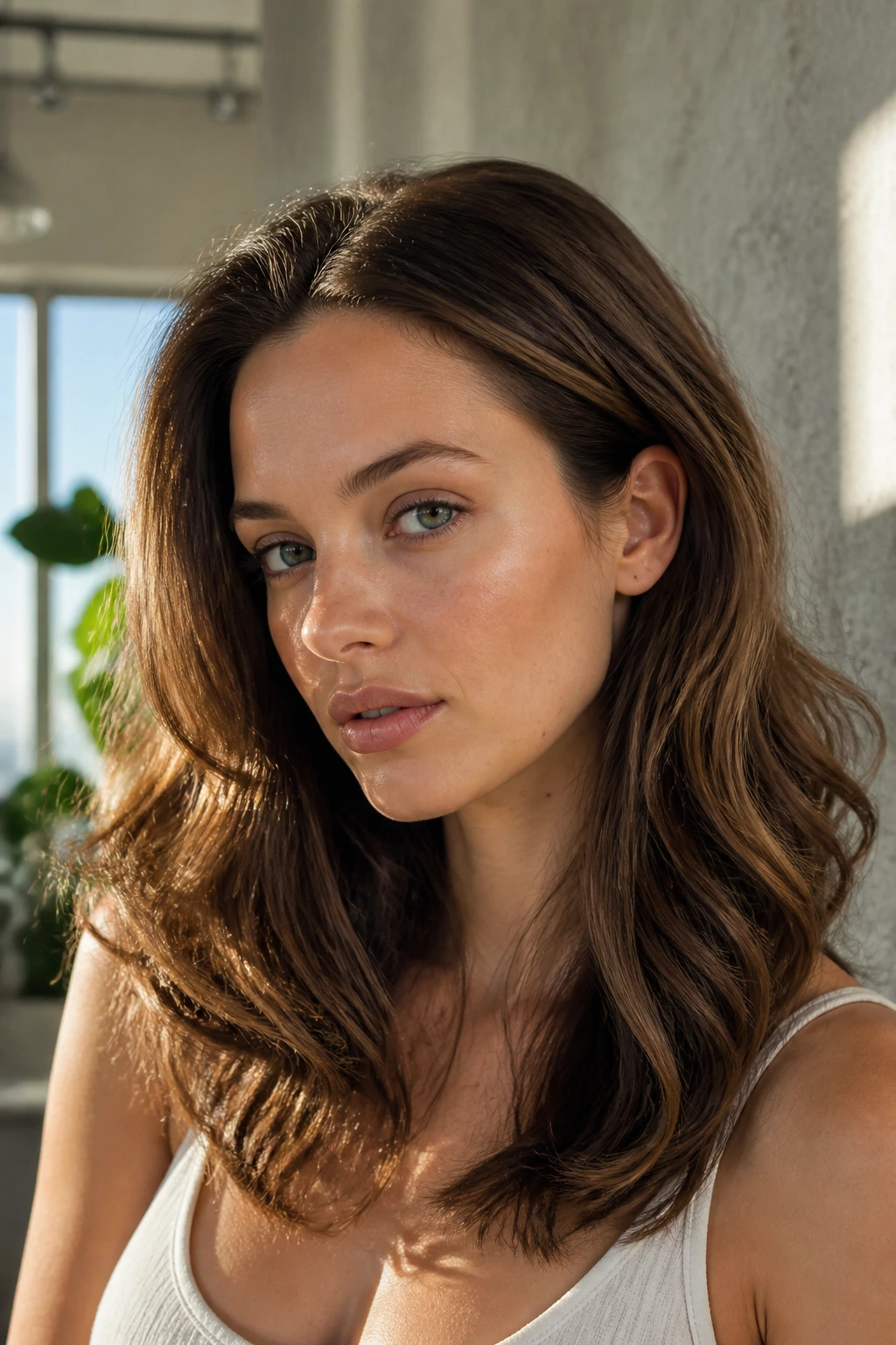 Portrait of a woman with sleek roots and full mid-length wavy hair