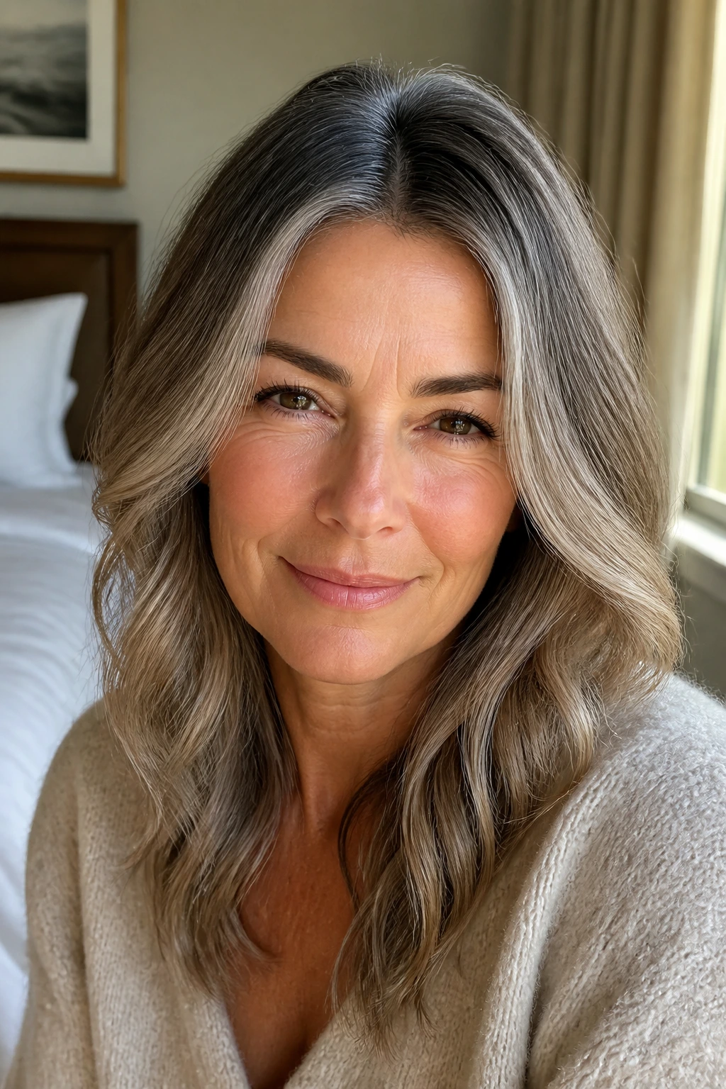 Close-up of a real woman with sleek roots and soft wave midlengths in natural light