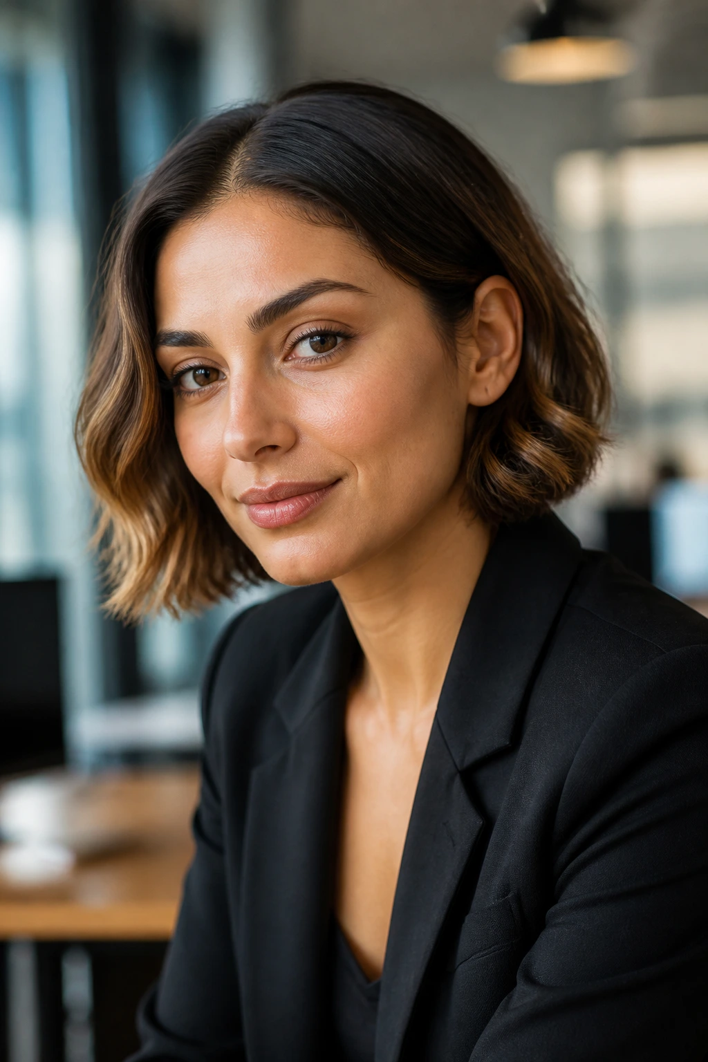 Real woman with sleek roots and soft ends in a short wavy bob