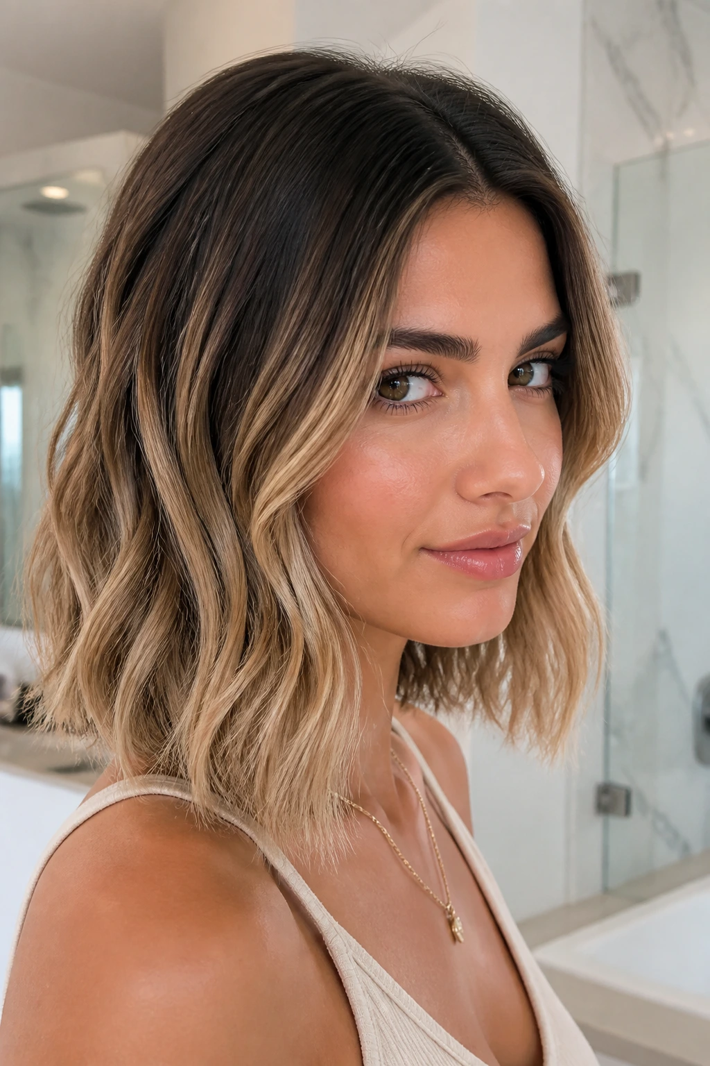 Close-up of a real person with sleek roots and wavy ends in bright bathroom light.