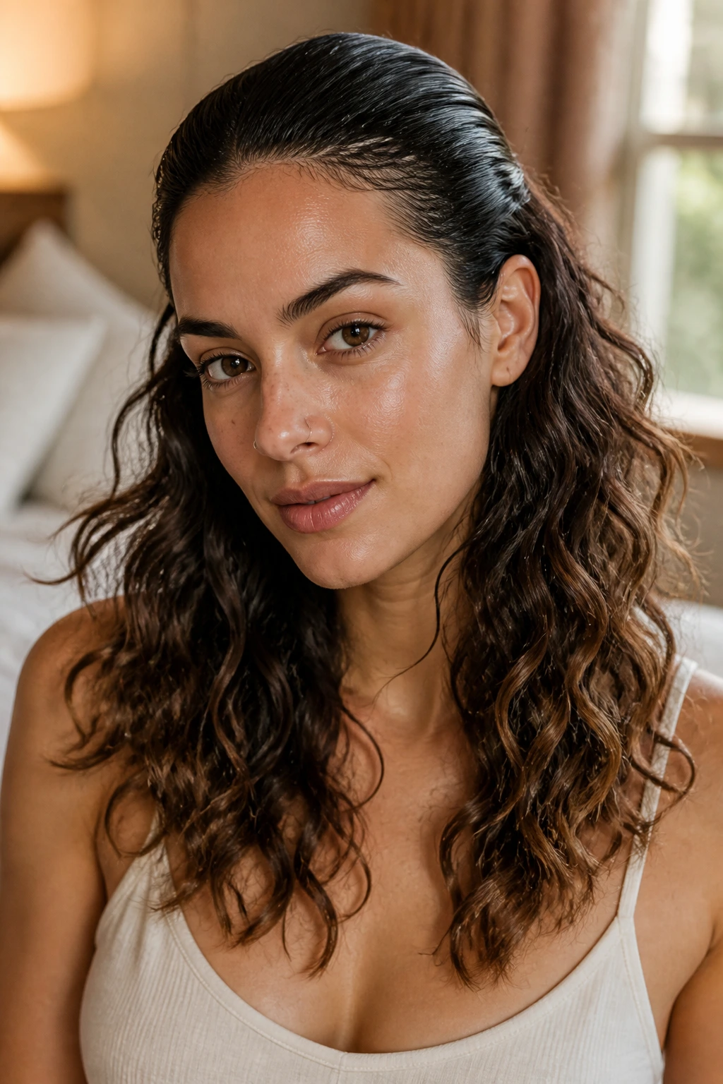 Close-up of a real woman with sleek roots and tousled ends waves in soft window light.
