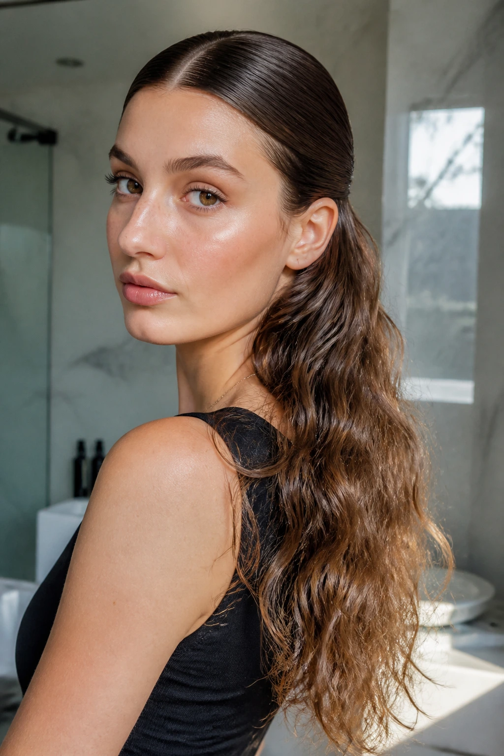 Close-up of a real woman with sleek roots and wavy ends.