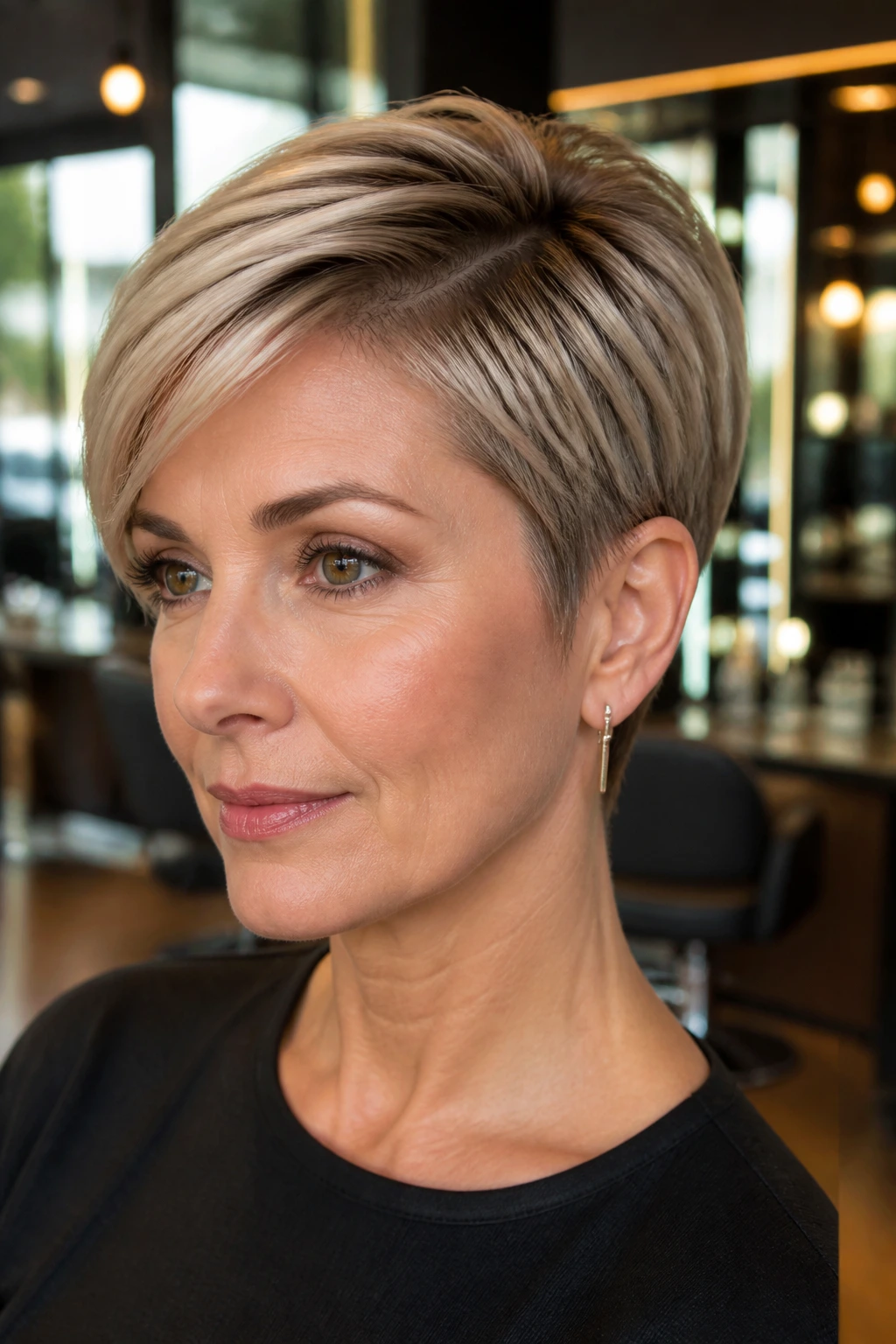 Close-up of a real woman with a sleek sculpted pixie showing a smooth top and refined neckline.