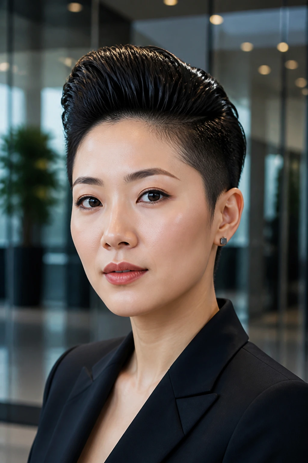 Close-up portrait of an Asian woman with a sleek sculpted quiff