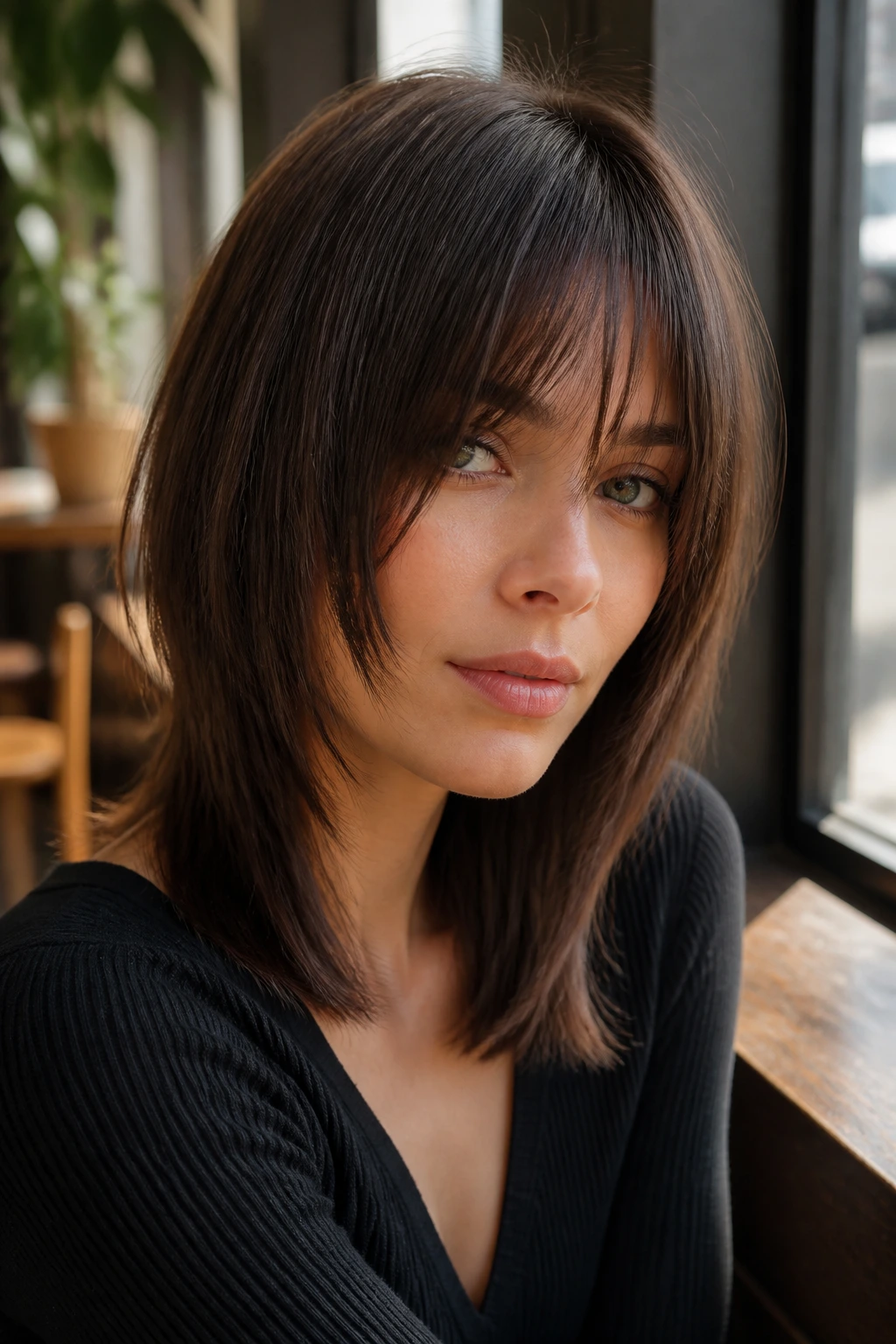 Close-up portrait of a real person with sleek shag and long bangs