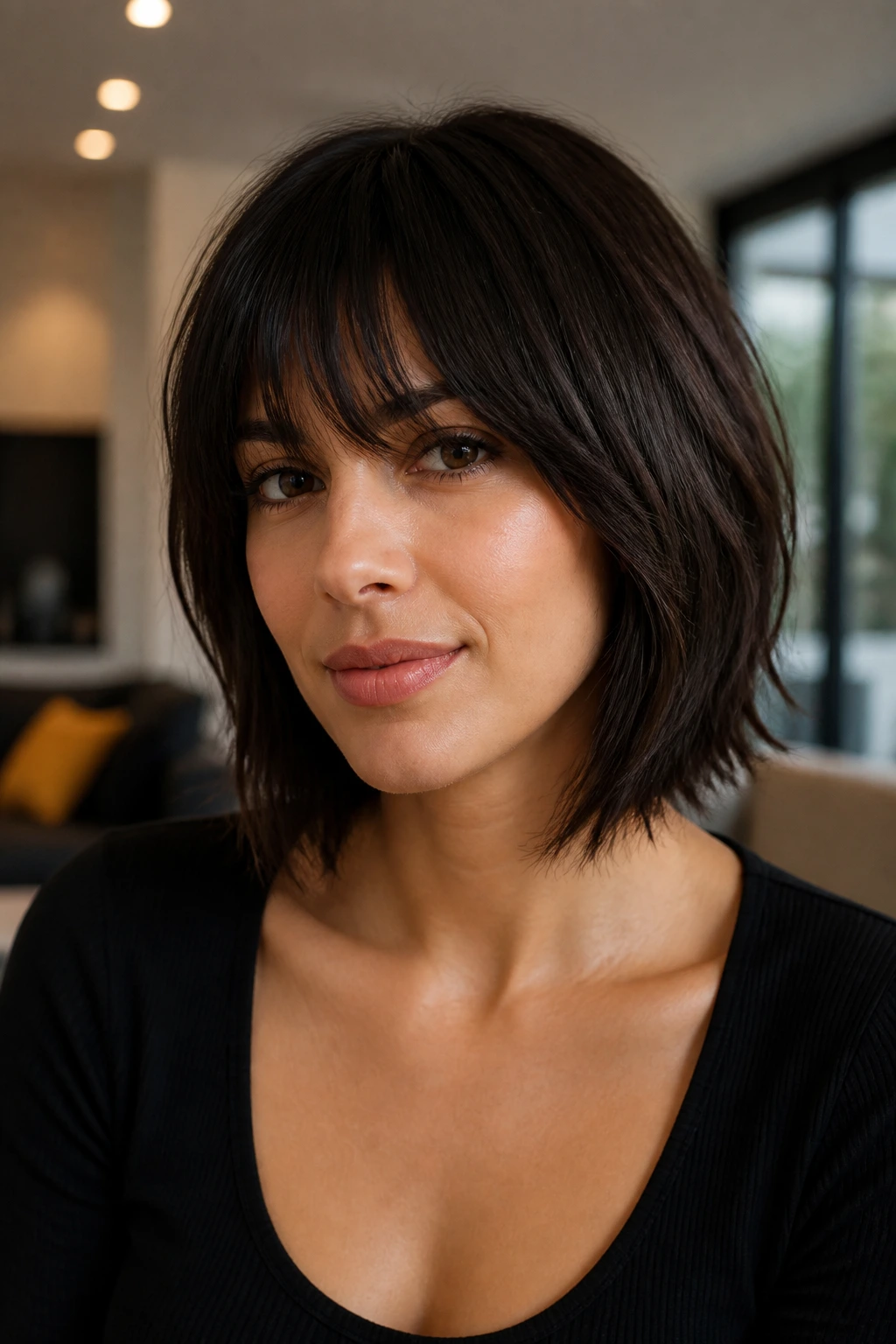 Portrait of a real woman with a sleek shag bob and hidden layers
