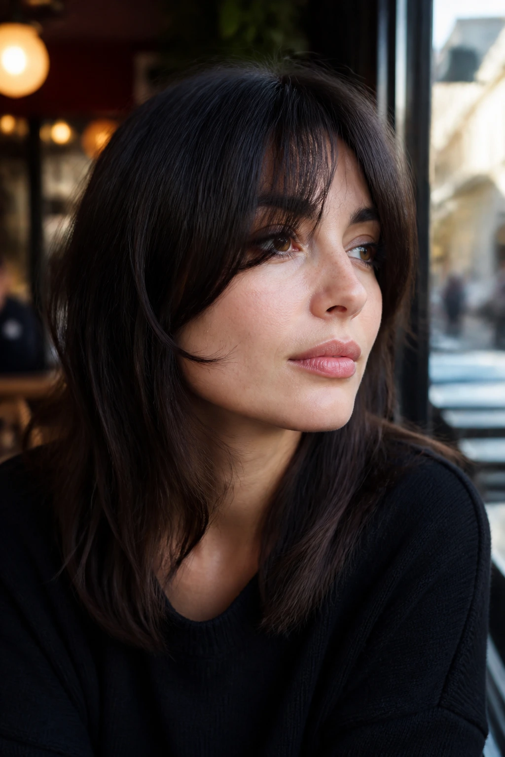 Close-up portrait of a real woman with Sleek French-Girl Fairy Shag, polished front near cheek