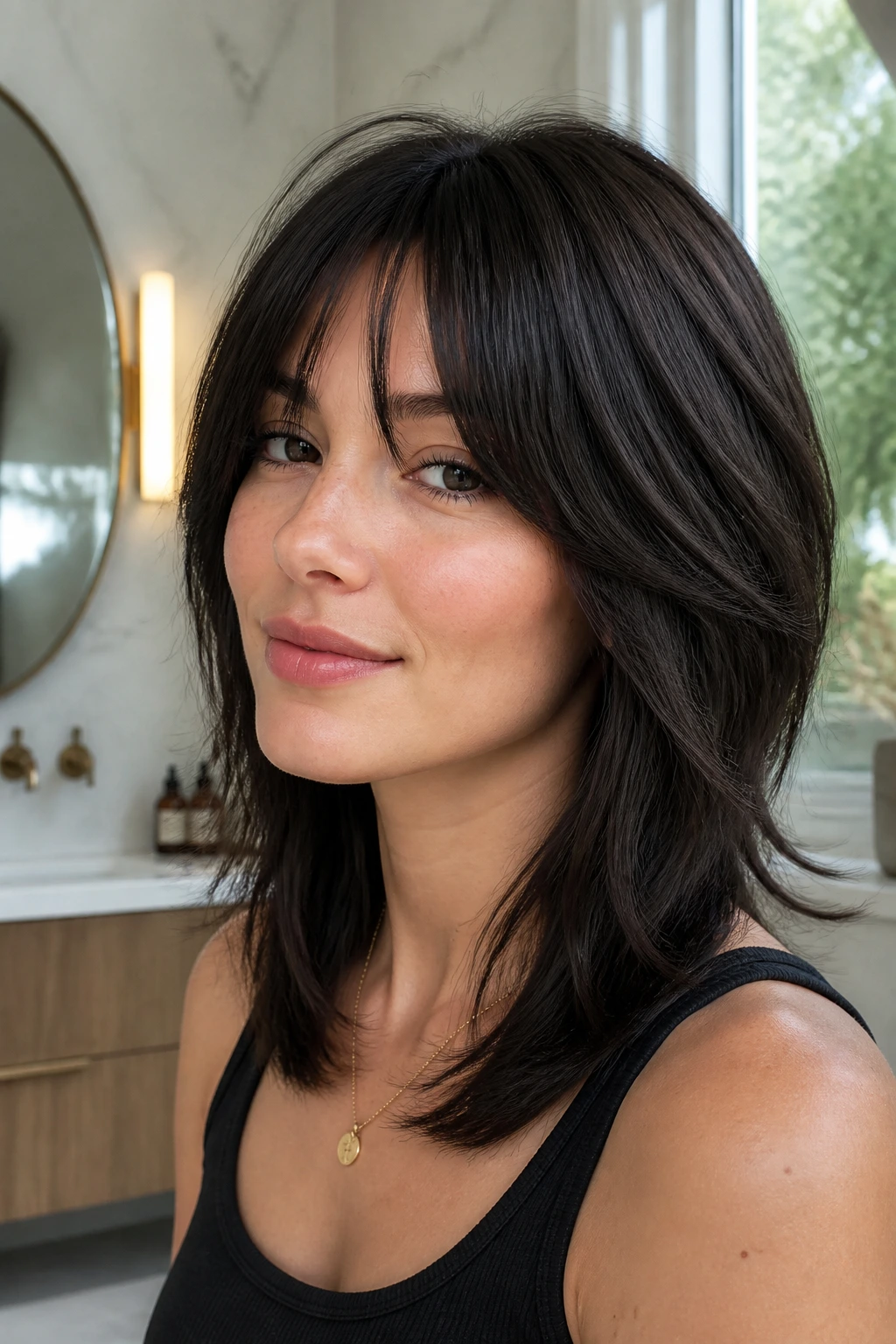 Close-up portrait of a real woman with a sleek, smooth shag