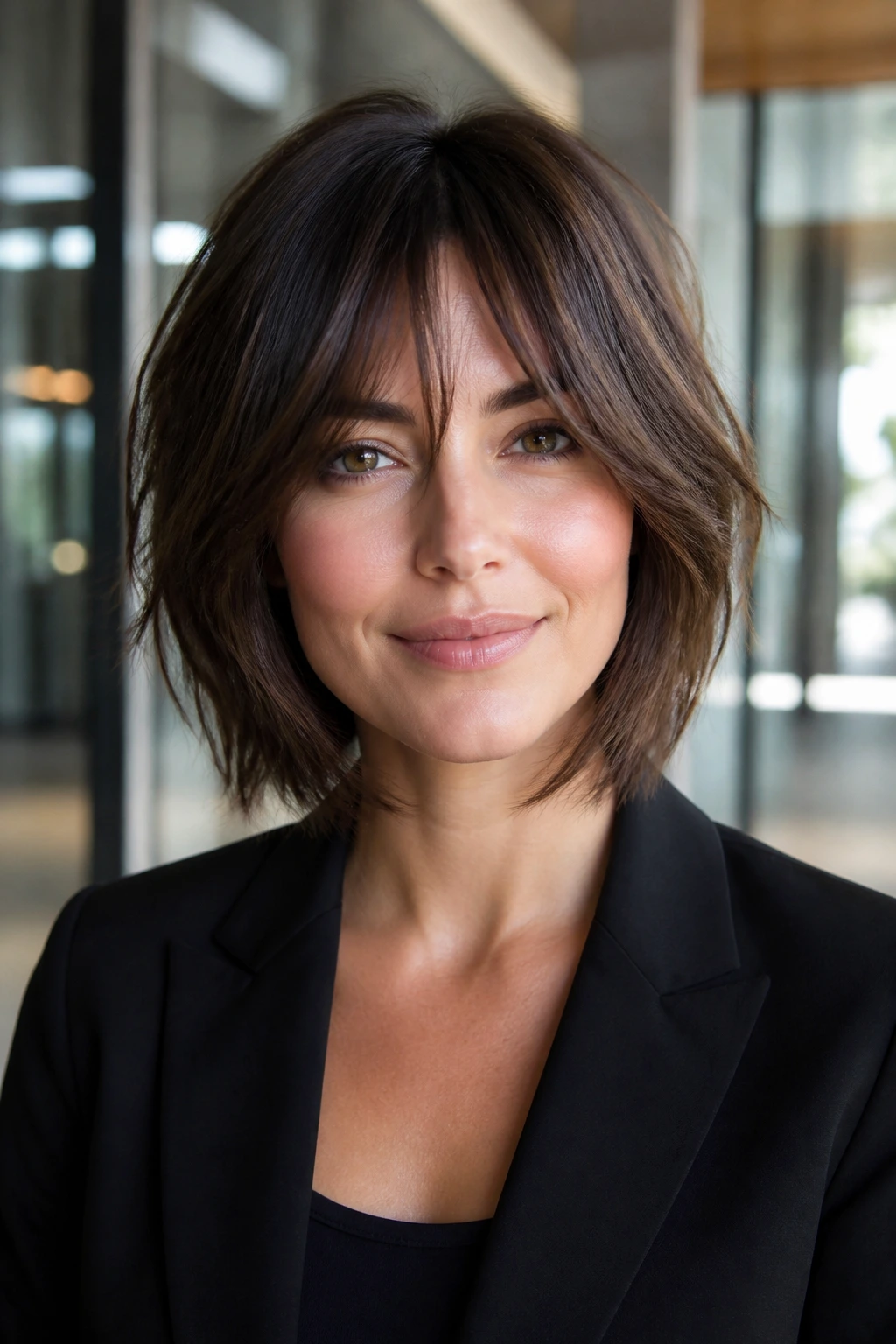 Close-up portrait of a real woman with sleek shaggy bob and long layered bangs in an office lobby.
