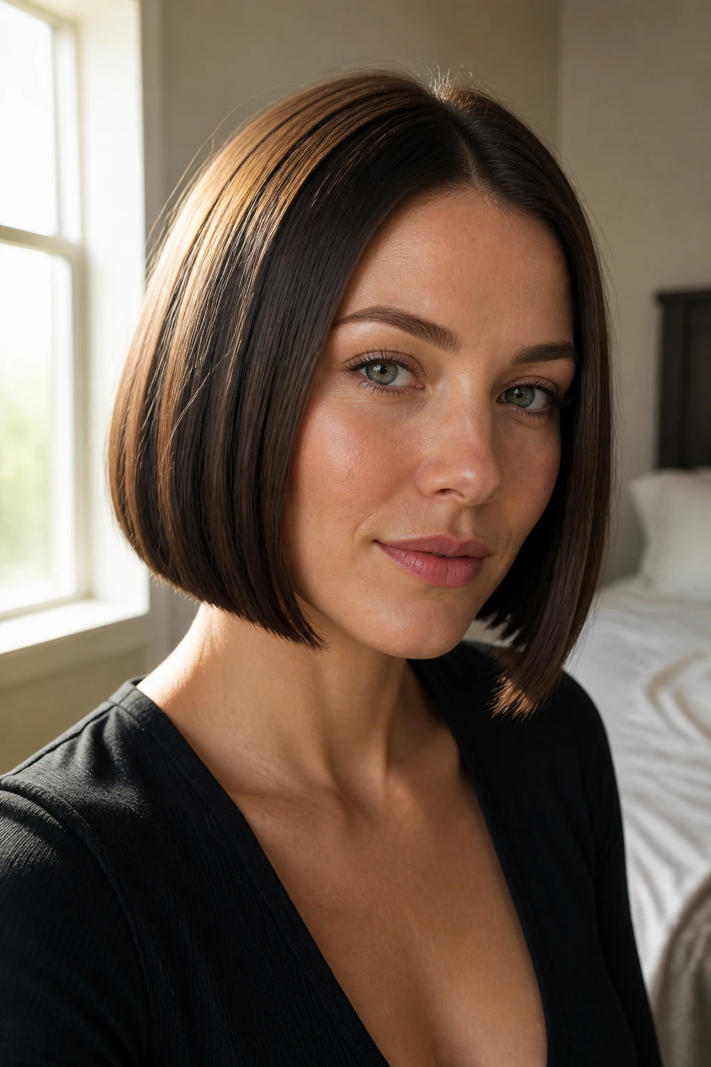 Close-up of a real woman with a sleek straight haircut and crisp perimeter in window light