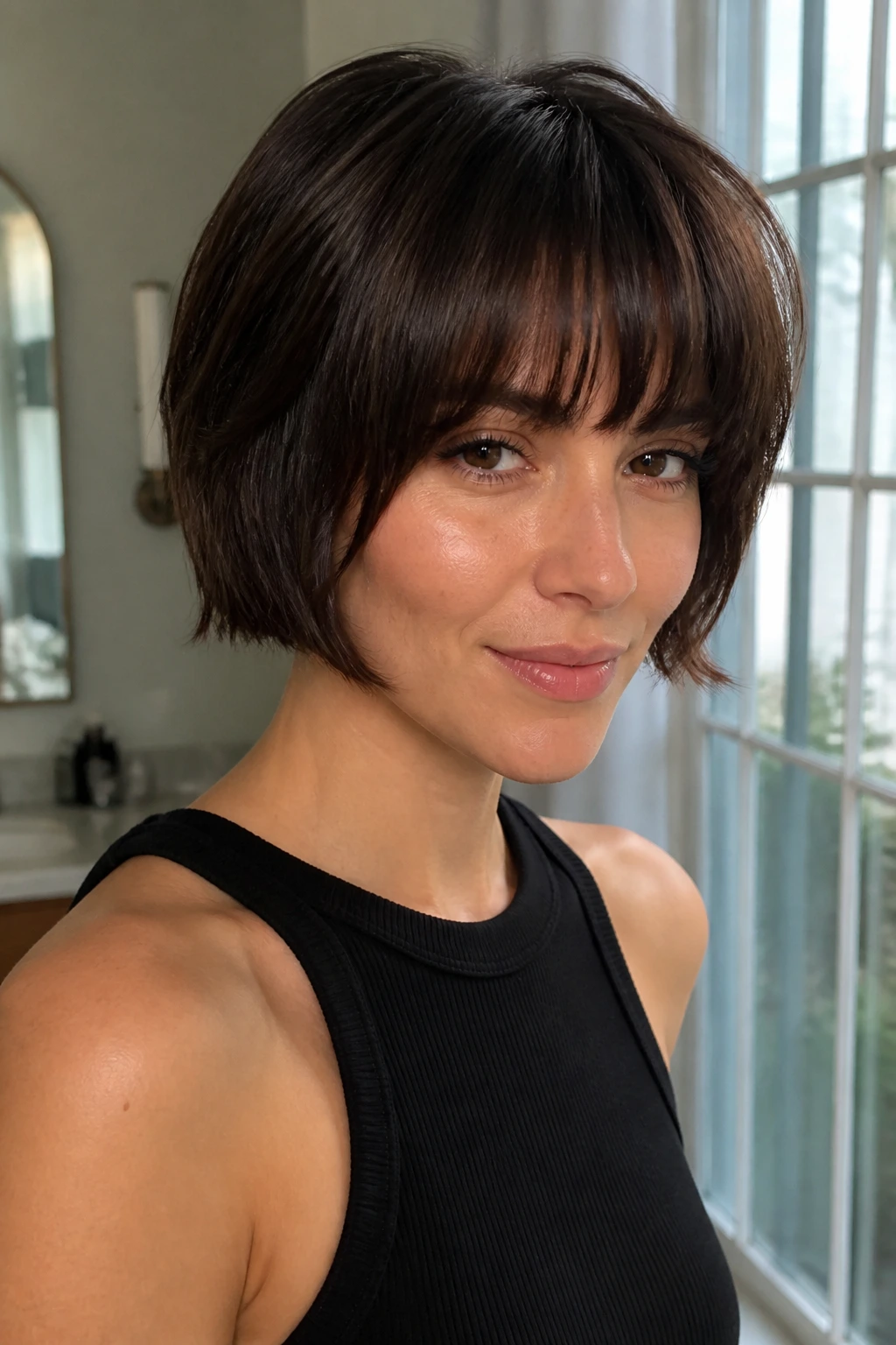 Portrait of a real person with a sleek short cut and bangs, ready for everyday wear.