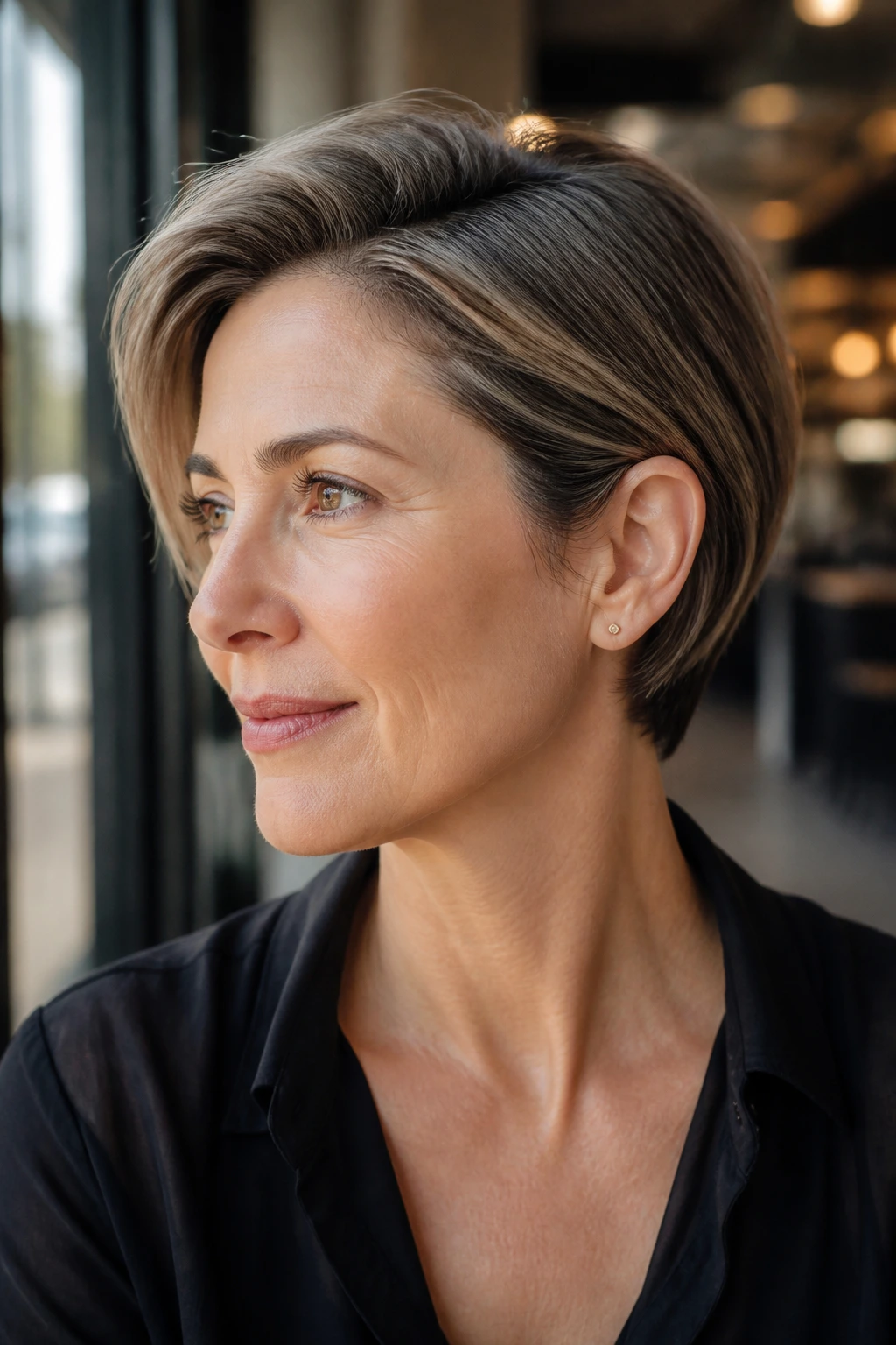Close-up of a real woman with a sleek short cut and ear tuck