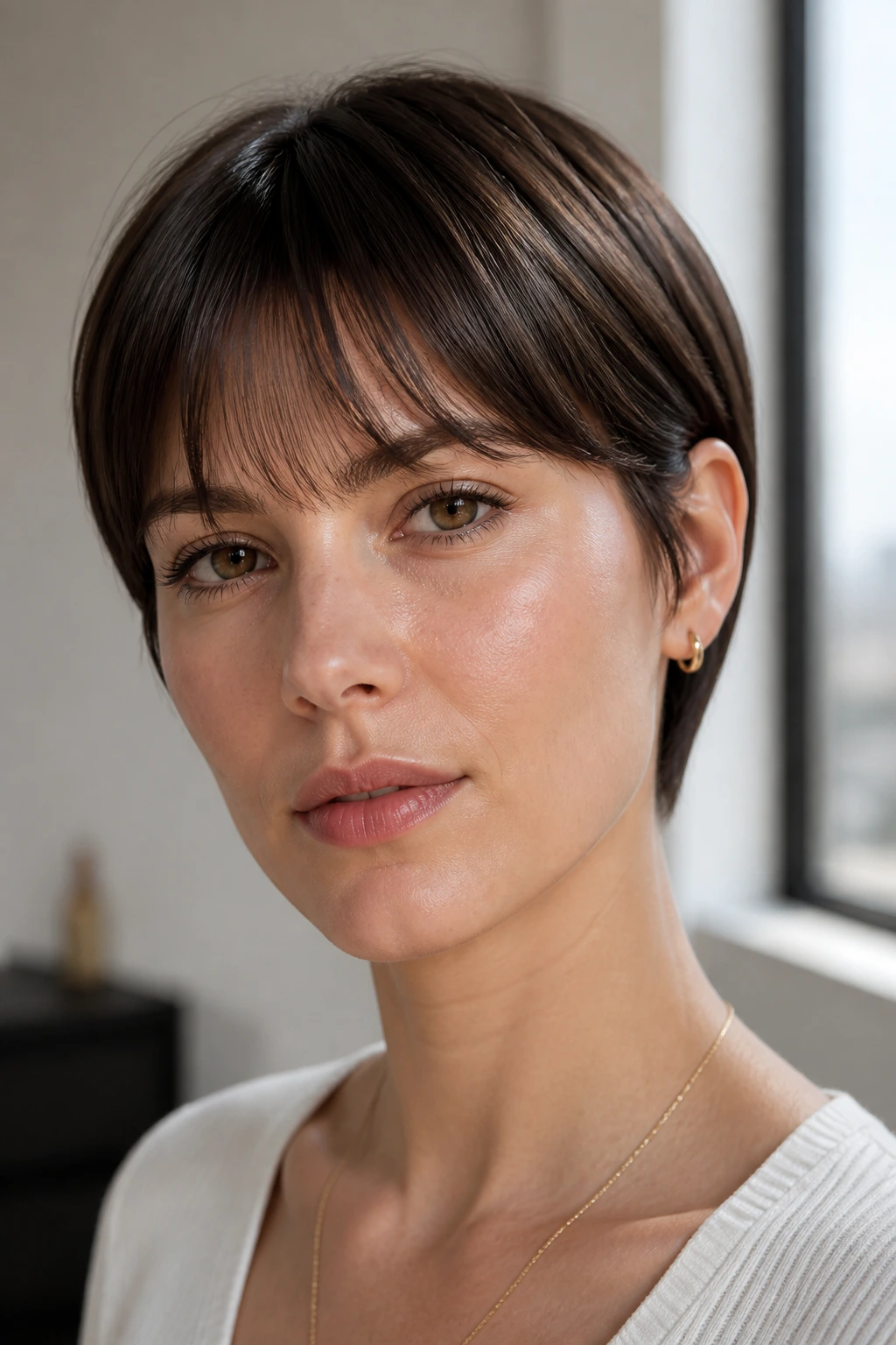 Portrait of a person with sleek short hair and blended fringe in a bright modern room