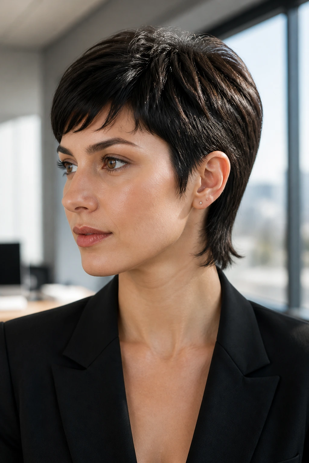 Close-up of a real person with sleek short wolf mullet hairstyle