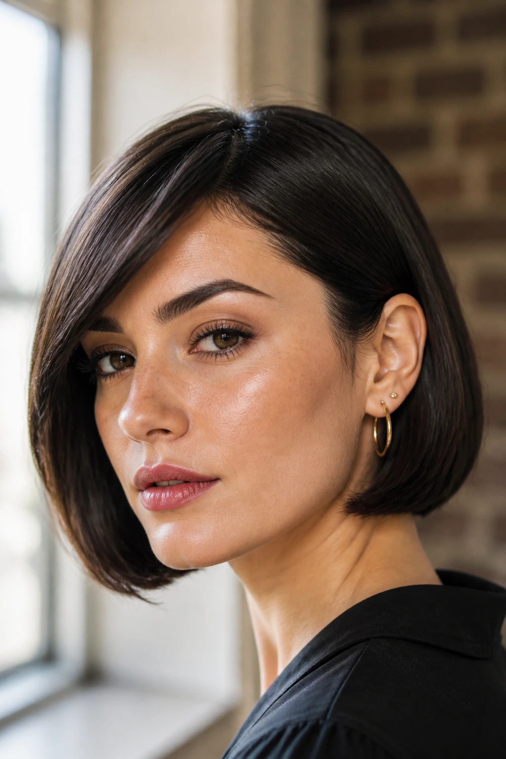 Portrait of a woman with sleek bob and tucked side bangs