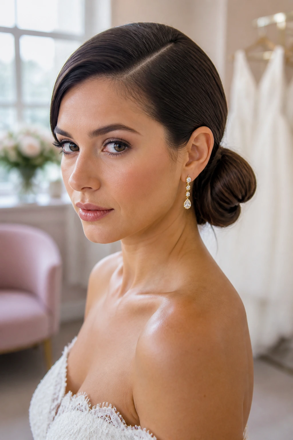 Close-up of a real bride with a sleek side bun and deep side part